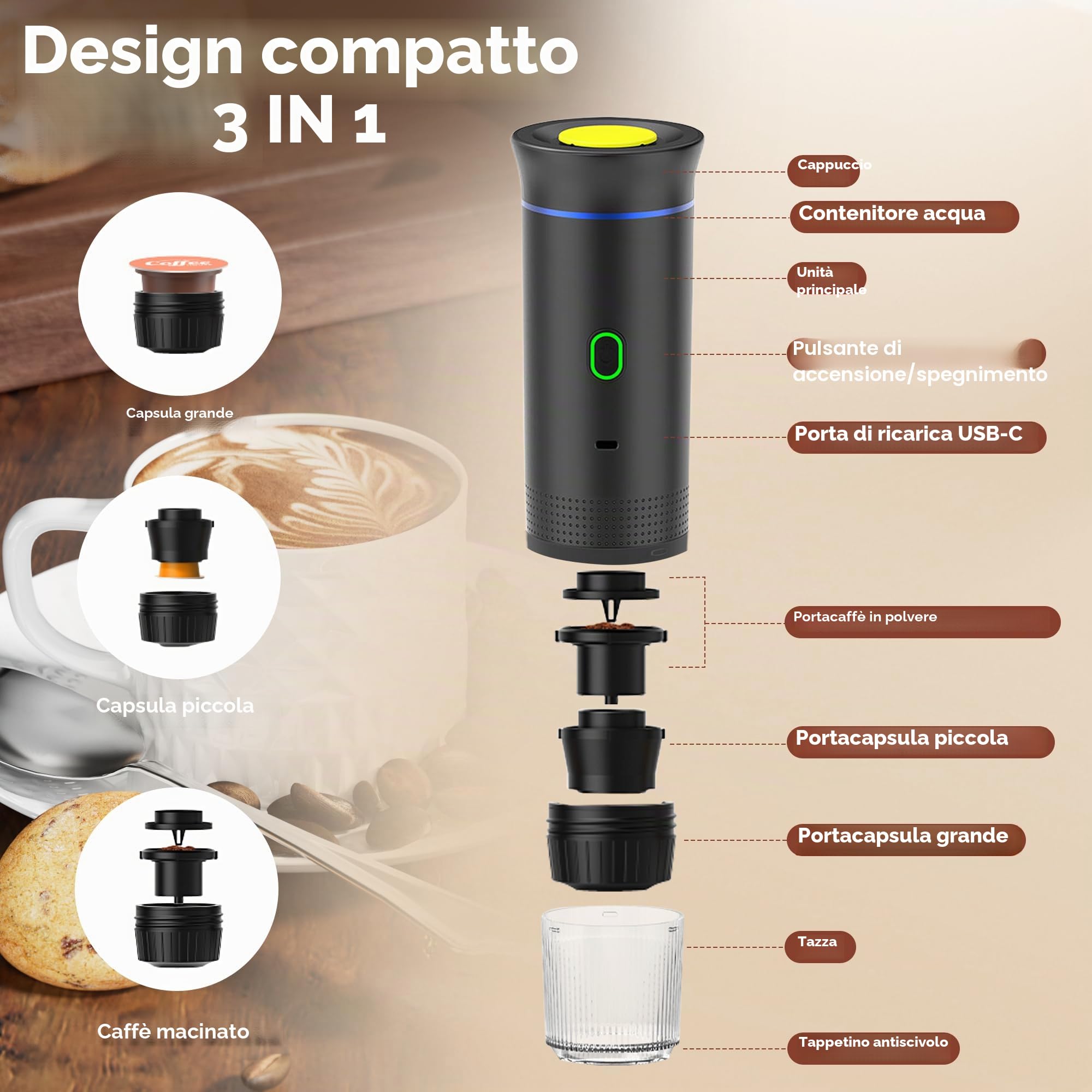 Bostar Macchina da caffè portatile con borsa da trasporto/supporto per caffè pieghevole, 3 in 1 macchina da caffè espresso portatile (Nero)