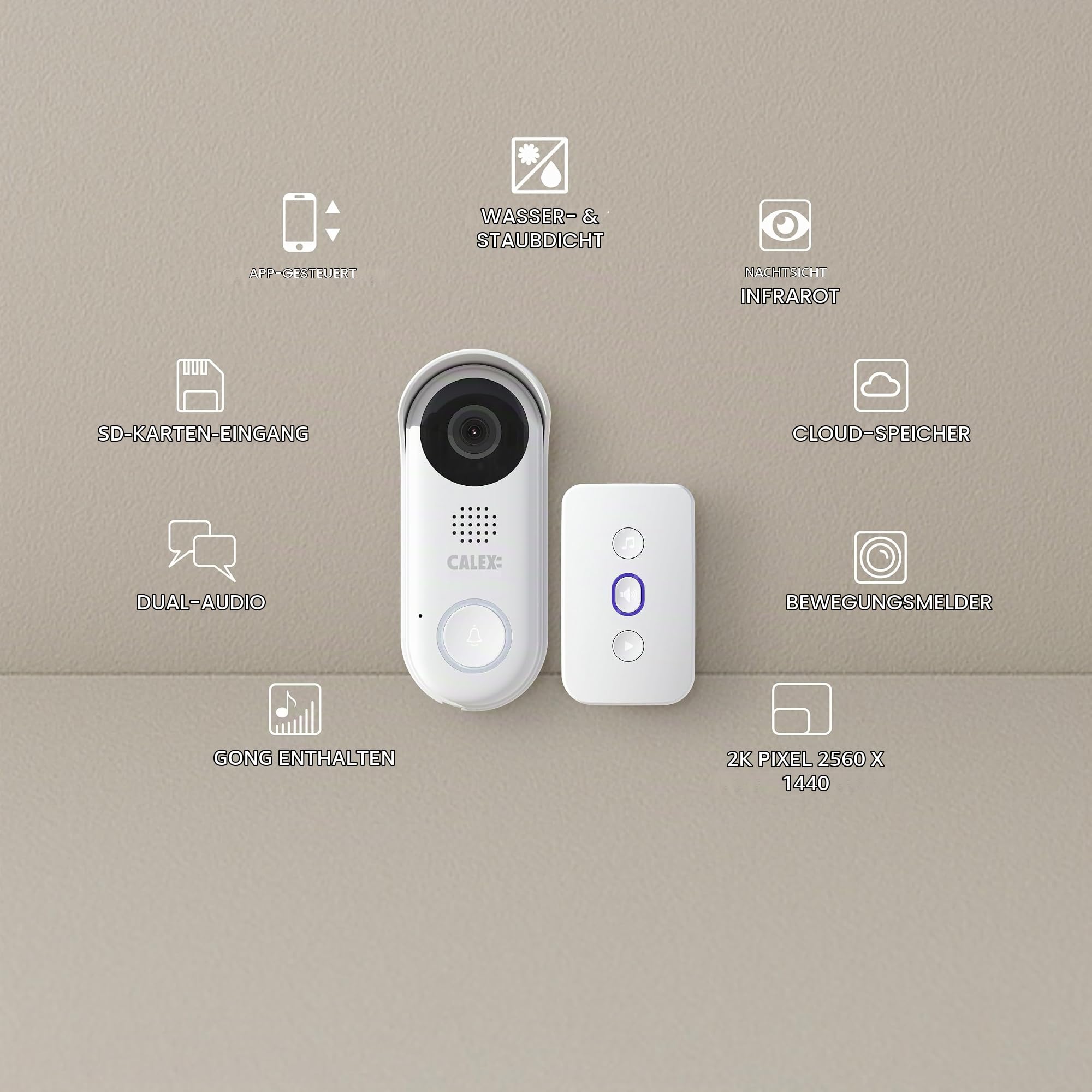 CALEX Smart Security Video-Türklingel, 2K Kamera mit App-Steuerung, Nachtsicht, 2-Wege-Audio, Bewegungserkennung, Cloud & SD-Speicher, wasserdicht, inkl. Chime, Weiß