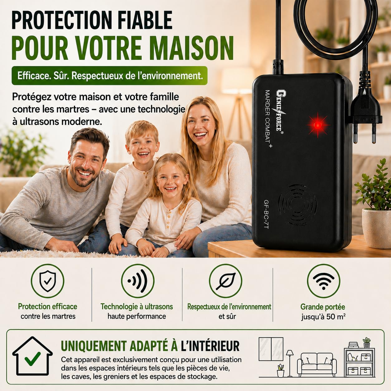 GF-BC-7T Combat + Protection intérieure contre les martres et les martres - Appareil à ultrasons - Répulsif contre les martres et les souris - Pour la maison, le grenier, la cave et le