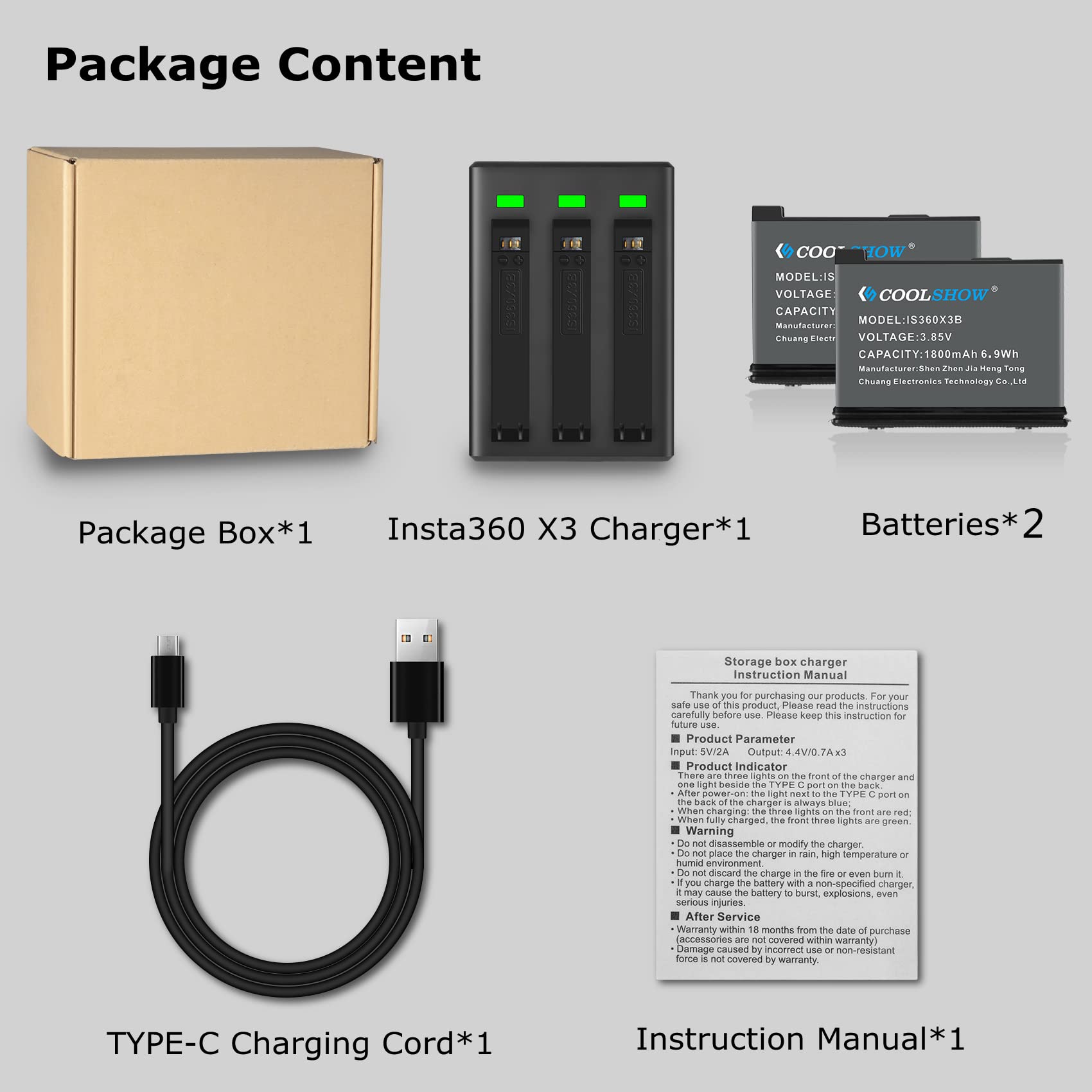 COOLSHOW Cámara de Acción X3 Batería de Repuesto 1800mAh 2 Packs y Cargador Triple X3 Compatible con Cámara X3 (Reemplaza para Batería X3)