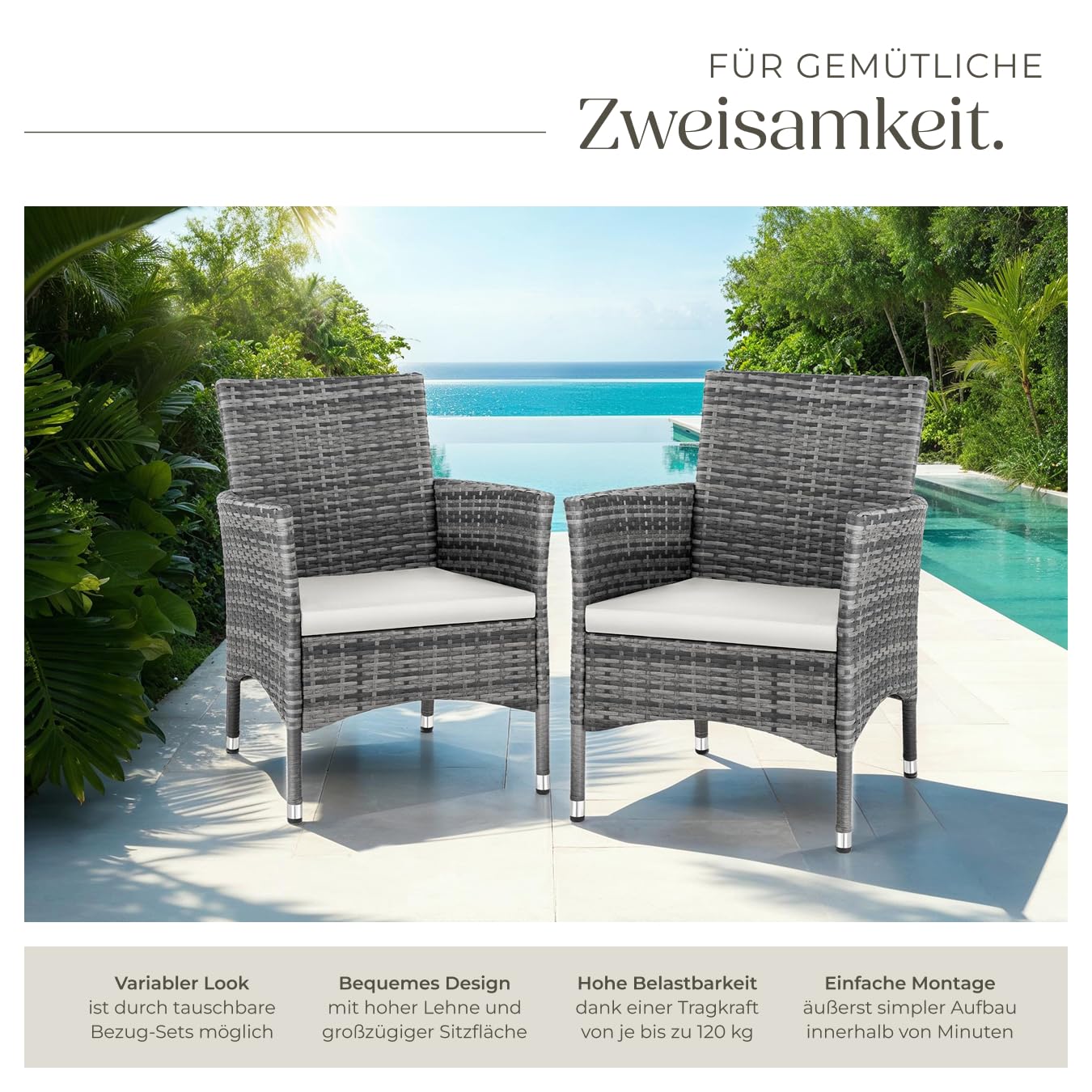 tectake® 2er Set Gartenstuhl aus Polyrattan, Gartenmöbel Set mit 2 Sessel, Outdoor Rattansessel inklusive Sitzpolster und 2 Bezugssets, rostfreie Edelstahlschrauben, pflegeleicht - grau/hellgrau