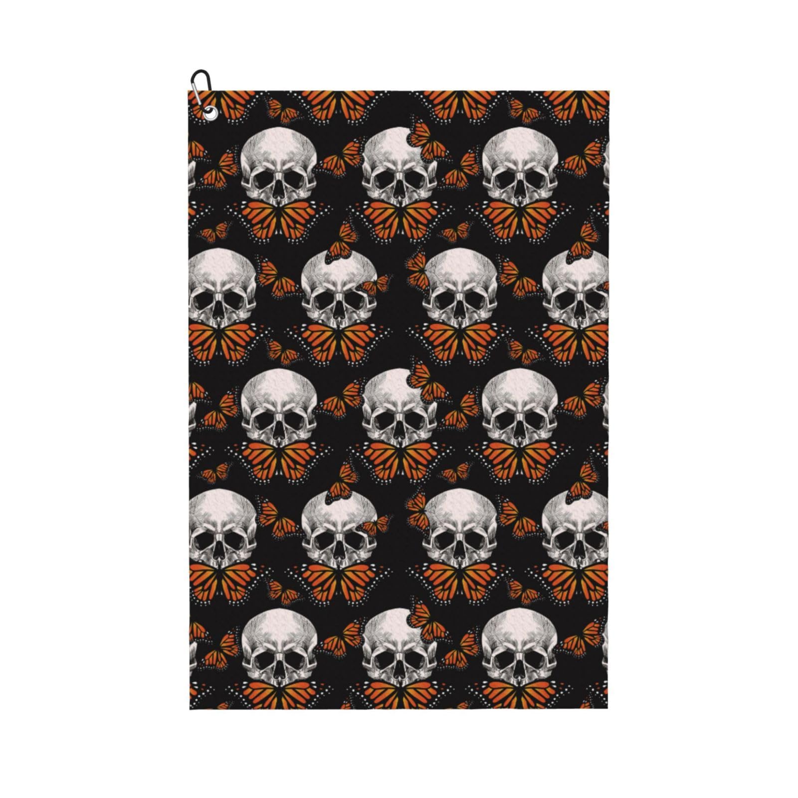 AOOEDM Butterfly Skull Print Golf Towel with Carabiner Clip Absorbent Microfiber Golf Towel for Cleaning Golf Ball Club Putter Iron for Golf Bag Trolly Belt Loop 16" X 24"