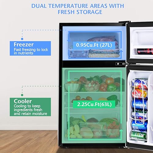 Miniatura 2 de Rainfally Refrigerador portátil, 3.2 pies cúbicos, unidad de 2 puertas mini congelador refrigerador con puerta reversible, estantes de vidrio
