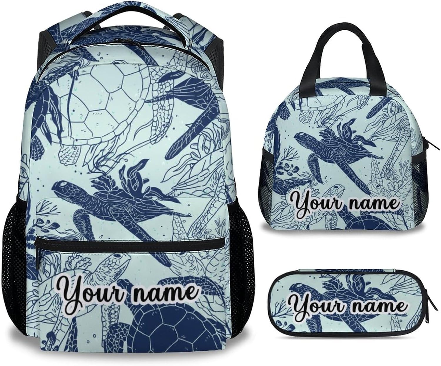 Sea Turtle Backpack with Lunch Box Set for Girls, 3 in 1 School Backpacks Matching Combo, Cartoon Green Bookbag And Pencil Case Bundle