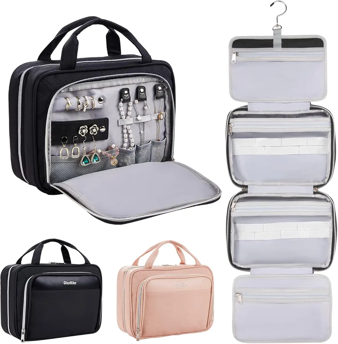 OlarHike Travel Toiletry Hanging Bag Waterproof Leather Bags, Makeup, Toiletries, Jewelry, Travel Essentials 3 in 1 Packing Organizers, Travel-Sized Container, Large Capacity for Men Women (Black)