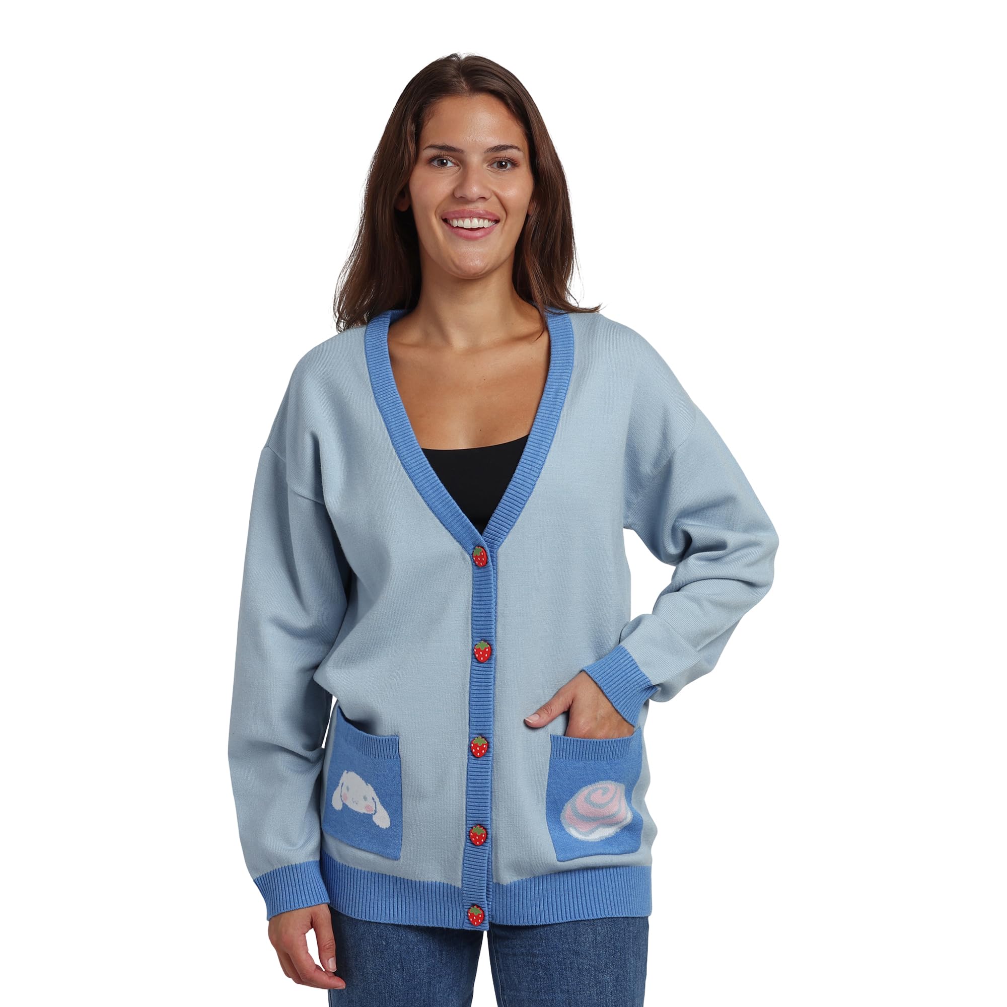Bioworld Cinnamoroll Character Face Cinnamon Roll Womens Blue Long Sleeve Cardigan Sweater