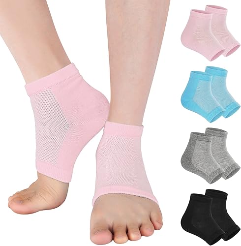 Vaincre Calcetines de talón hidratantes de gel para pies secos y agrietados para mujeres, 4 pares de calcetines sin dedos para cuidado de pies spa