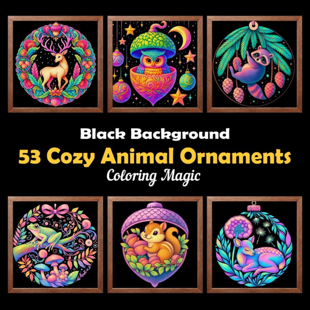 53 Cozy Animal Ornaments: Teens & adults coloring book featuring intricate illustrations on black background, for stress relief & relaxation (Midnight Black Background Coloring Series)