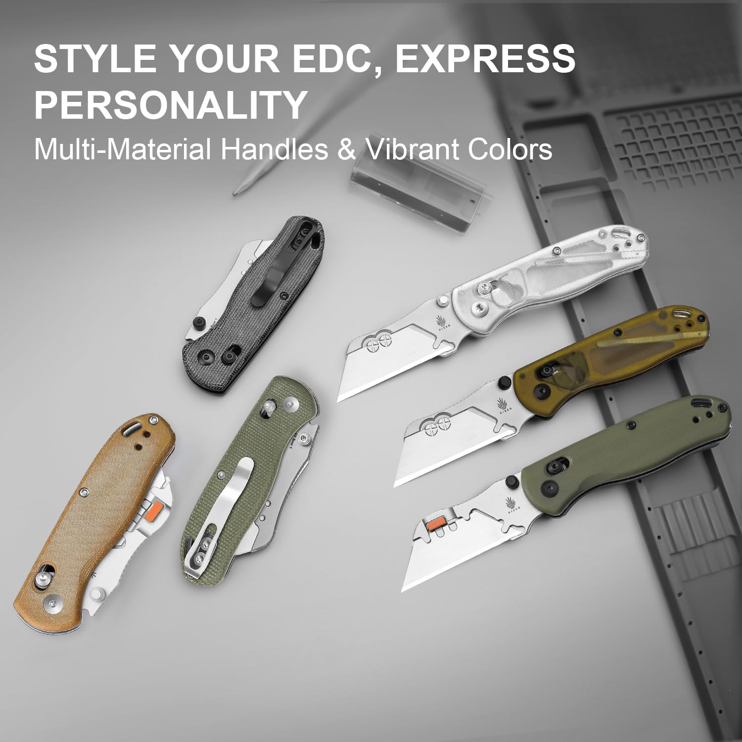 Kizer Uti Bear(New Dual-screw Version) Folding Utility Knife, Clutch Lock Box Cutter EDC Pocket knife with 5PCS Razor Blades, Pocket Knives with Pocket Clip for Men Women V3619JM1