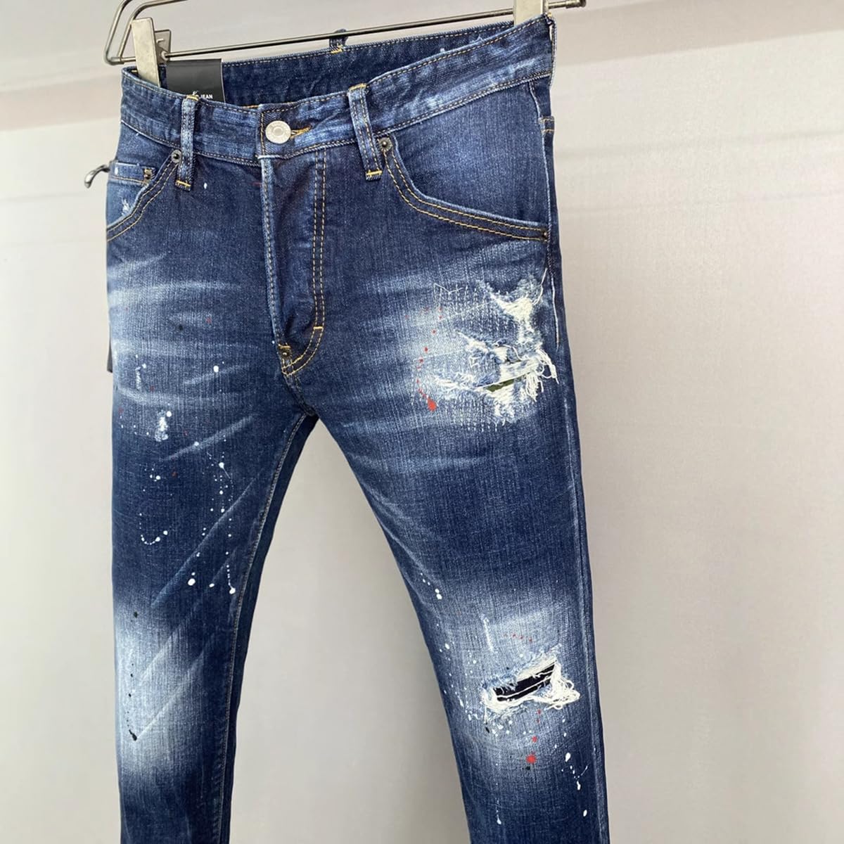 M&Catree Męskie podarte dżinsy Streetwear spodnie dżinsowe z prostymi nogawkami na co dzień z plamami atramentu i otworami