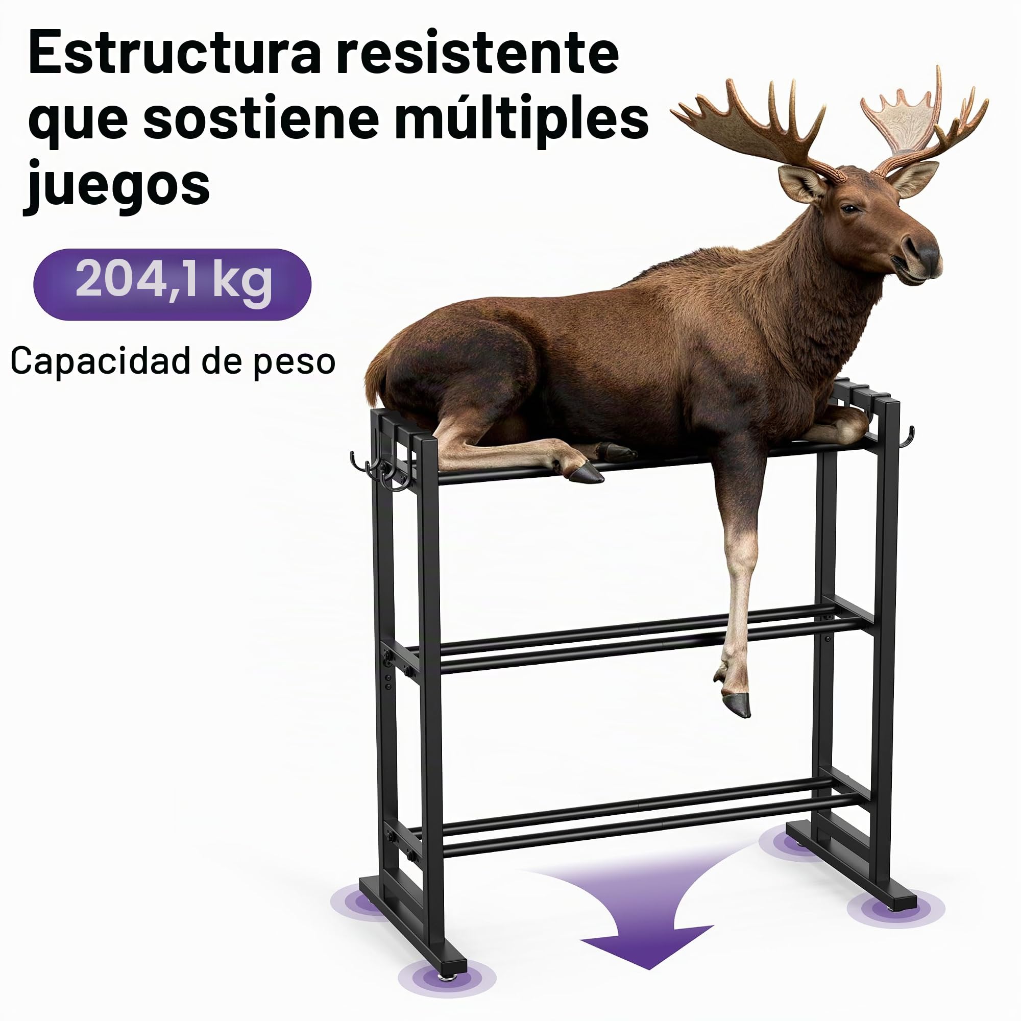 Niffgaff Estante regulable de 3 niveles con base ampliada y ganchos laterales, capacidad 210 kg para gimnasio en casa