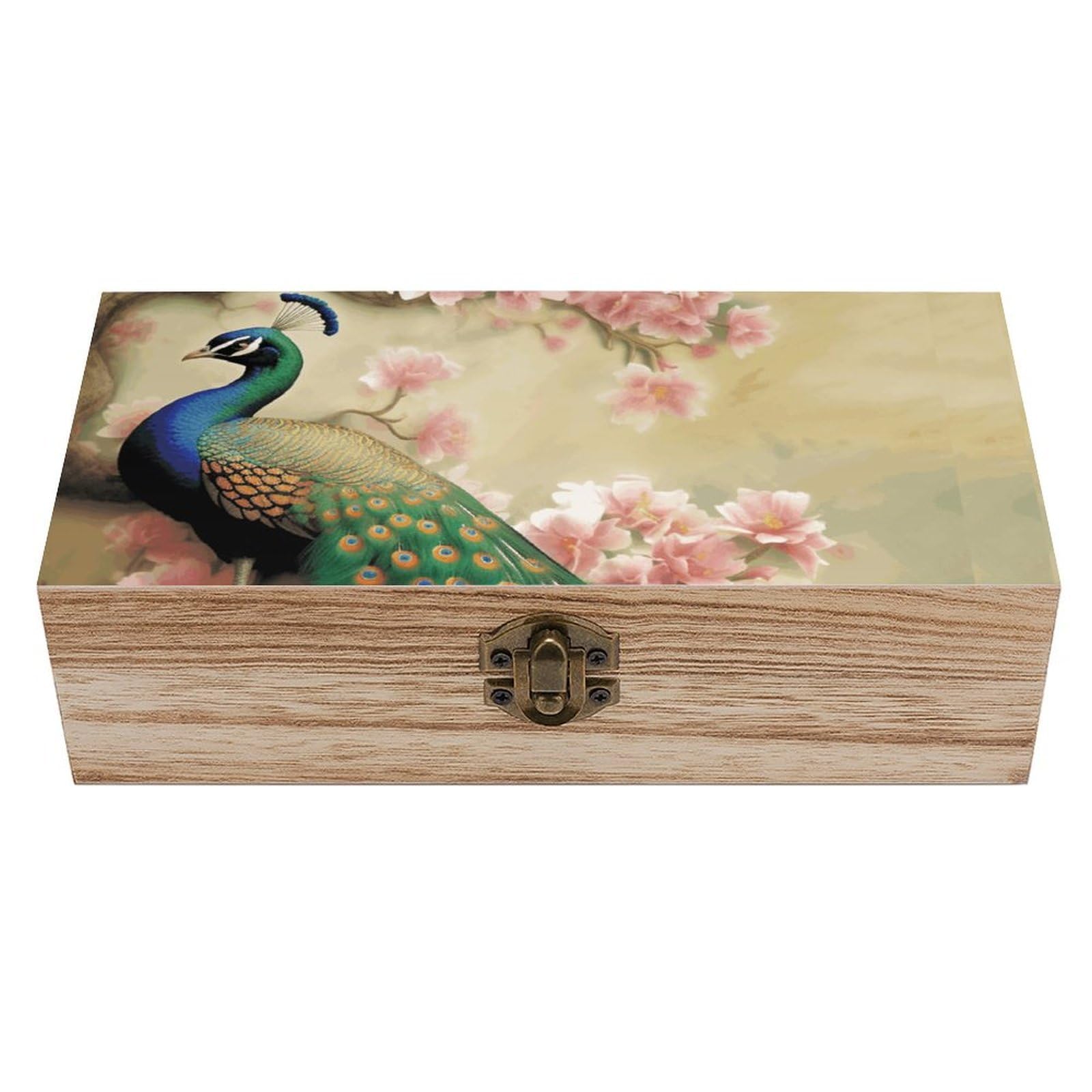 LZQPOEAS Oriental Peacock on Flower Tree Wooden Storage Box Small Decorative Box with Hinged Lid Handmade Elegant Keepsake Storage Box for Jewelry, Photos, Trinkets, Letter Gifts, Small Heirlooms