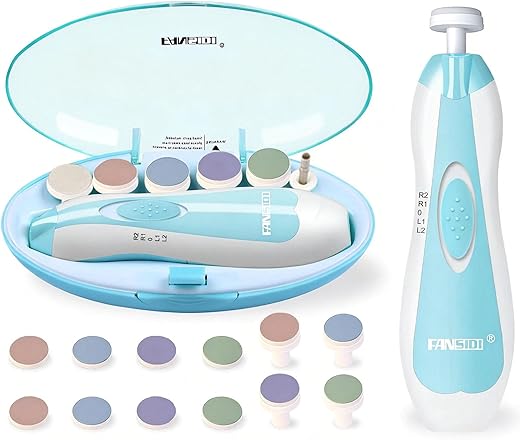 Baby Nail Trimmer Electric, FANSIDI Baby Nail Clippers Safe Baby Nail File Kit with Extra 12 Replacement Pads, Trim Polish Grooming Kit for Newborn Infant Toddler or Adults Toes Fingernails Care, Blue