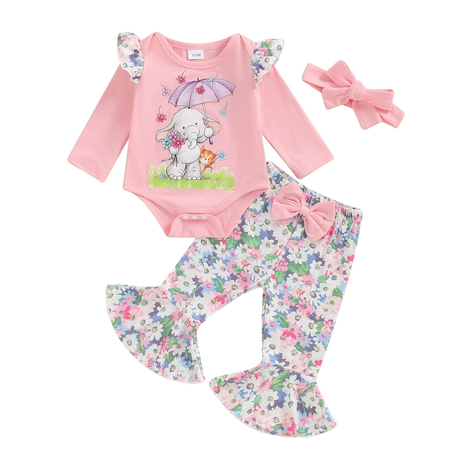 Rtnnsbbfcm Newborn Baby Girl Clothes Fall Outfit Long Sleeve Elephant Romper Floral Bell Bottoms Headband 3Pcs Set (Pink, 0-3 Months)