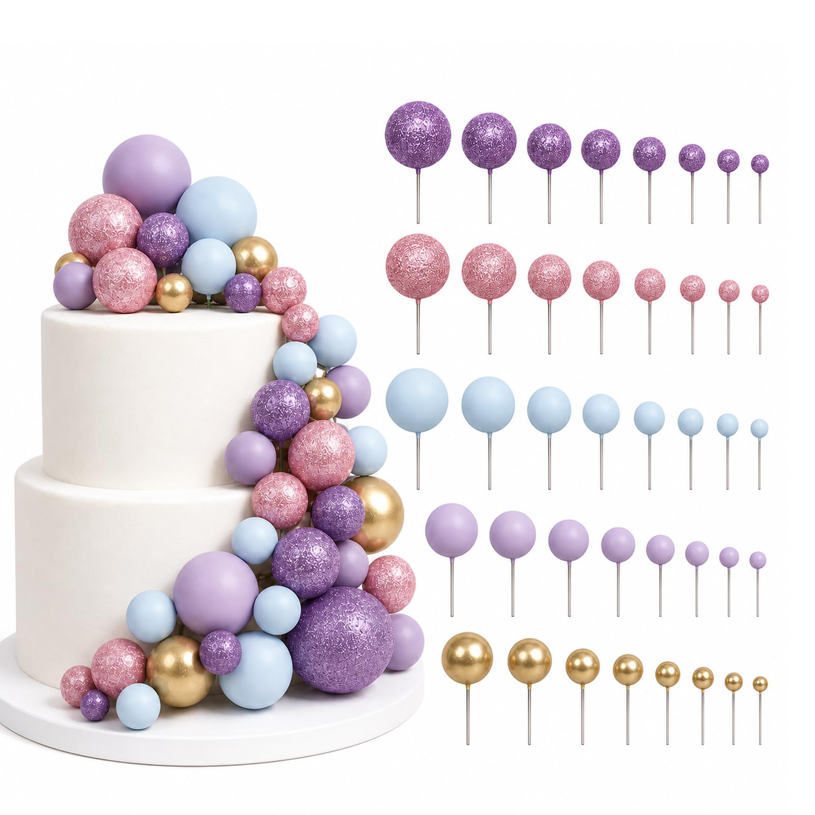 102 Pcs Round Ball Cake Toppers, Nude Brown Gold Ball Cake Topper Decorations for DIY Wedding Birthday Cake Decorating (Red, blue, silver, black, gold version)