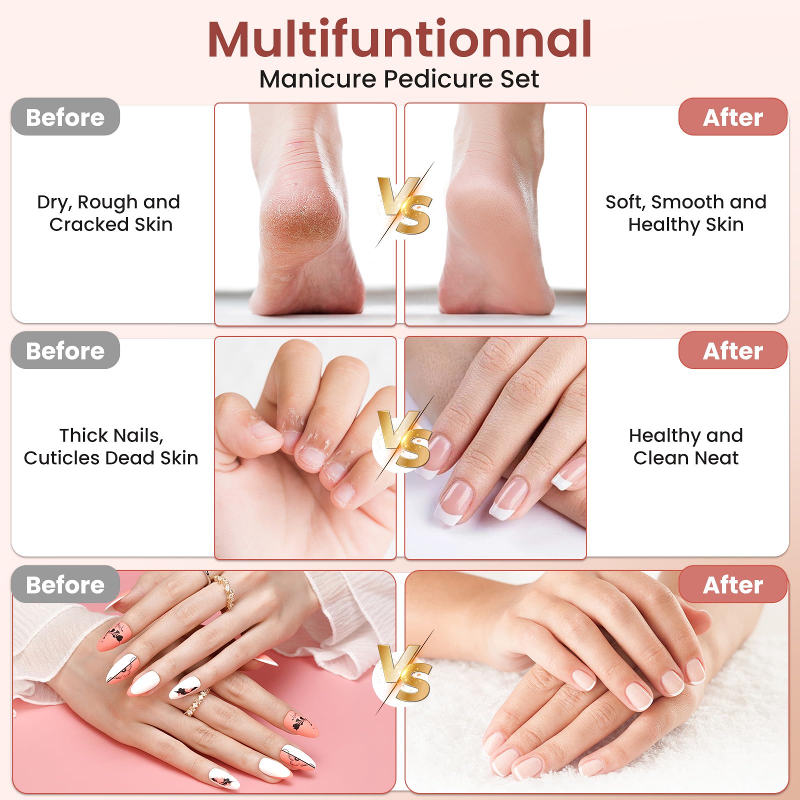 Maniküre/Pediküre Set, Nagelfräser, Kabellos Akku Elektrische Nagelfeile mit 6 Aufsätze zur Nagelpflege, Nagelfräser für Gelnägel mit 10 Geschwindigkeiten und LED Licht, Hände Fußpflege Fräser set