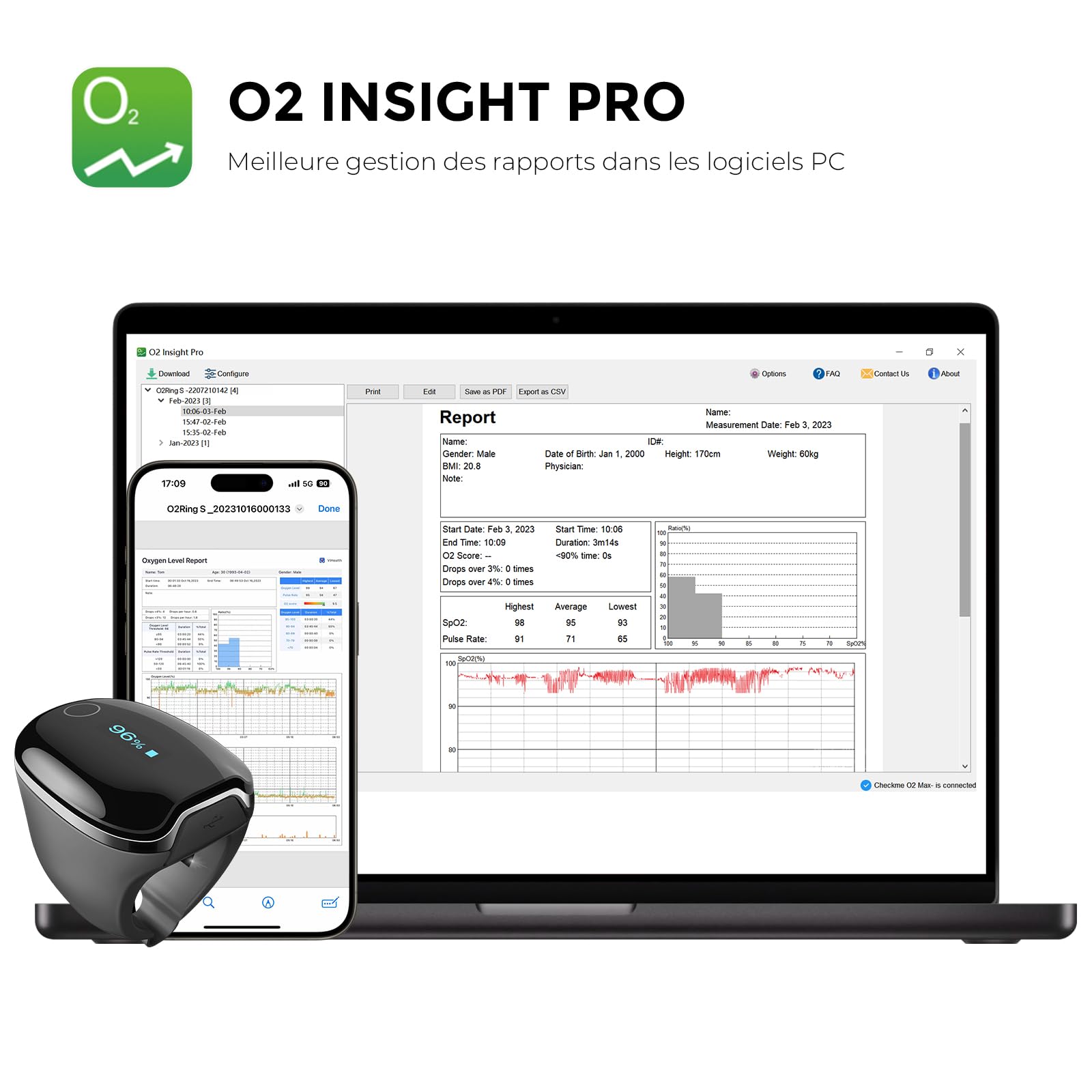 Wellue O2Ring-S Oxymètre de pouls avec Rappel de Vibration, Autonomie de 24 heures, Compteur de Saturation en Oxygène Rechargeable par Bluetooth, Suivi du Sommeil avec 4 x 10 Heures de Mémoire Intégré