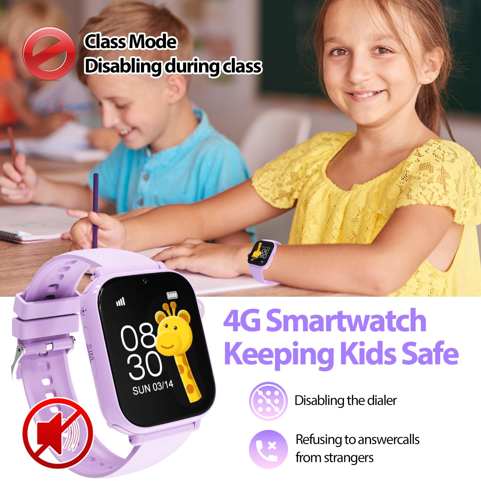PTHTECHUS 4G Reloj Inteligente Niño, Smartwatch Niños Niña con GPS, Videollamadas, Chat de Voz, SOS, Modo Clase, WiFi, Juegos, Cámara, Reloj Niños Regalo para Niñas niños 4-12 años Regalo (Morado)