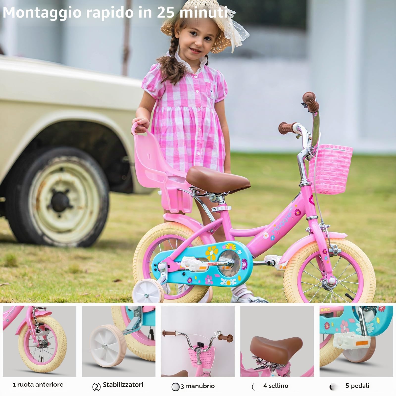 Glerc Bicicletta bambine 40,6 cm 2-7 anni con cestino ruote campanello colori assortiti