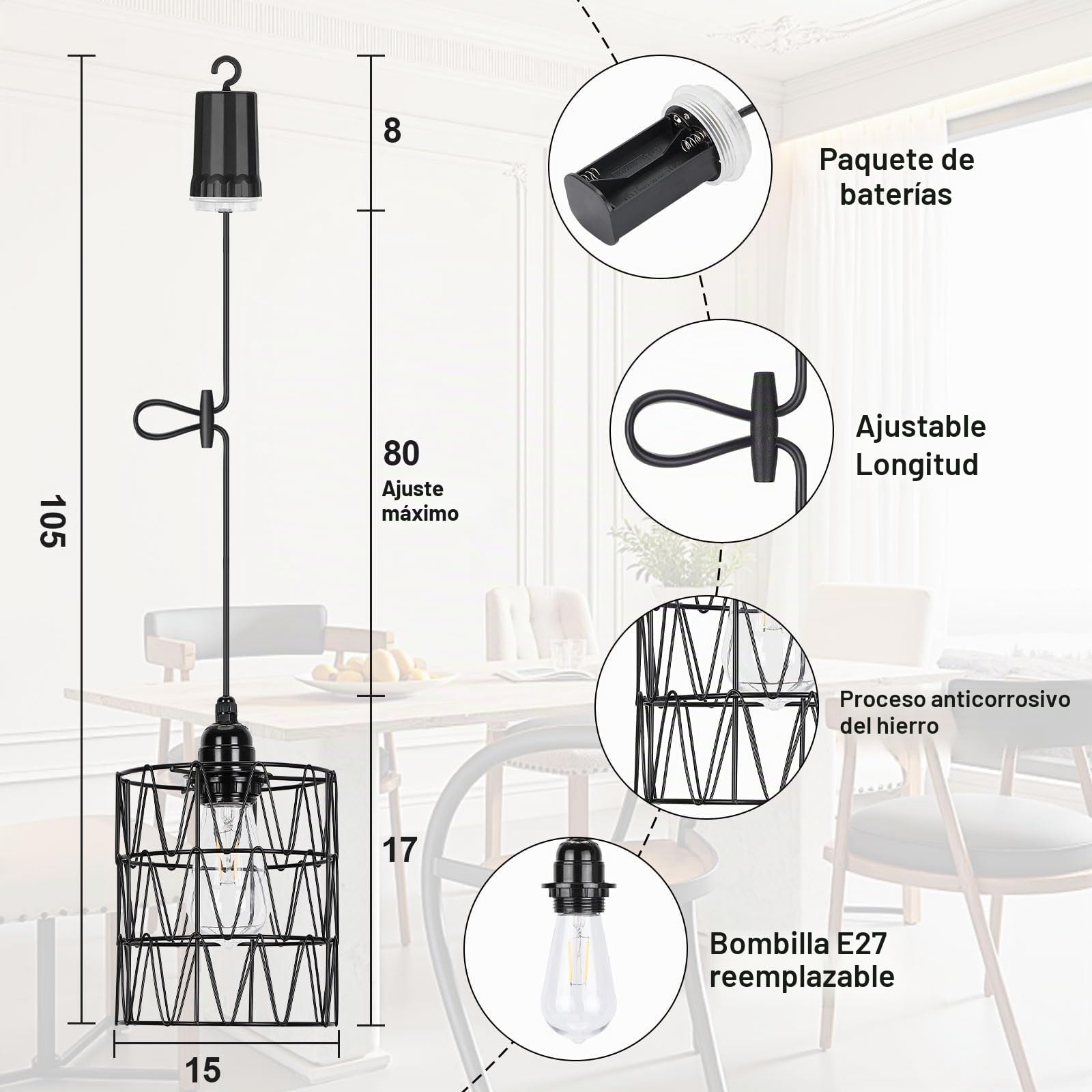 Lámpara Colgante a Pilas con Mando a Distancia, Regulable y Temporizador, Pantalla Metálica Exclusiva, Portalámparas E27, Inalámbrica sin Cables para Dormitorio (Pilas No Incluidas) Cilindro
