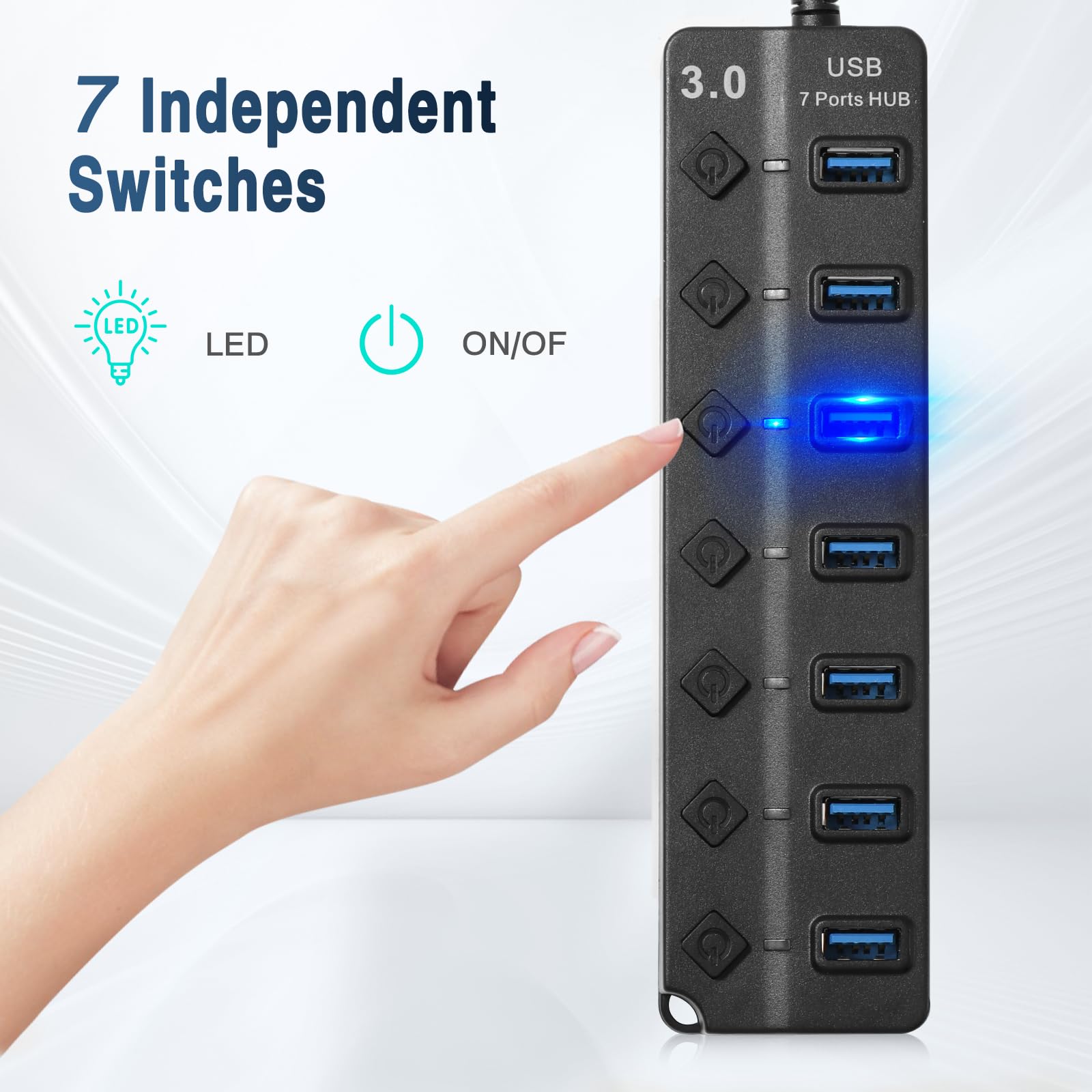 Hoppac Hub USB Multipresa a 7 Porte (1 USB 3.0 6USB 2.0) con Interruttori Indipendenti, Spie LED e Cavo da 1m - Ciabatta USB Multi Porte Plug & Play per PC, Laptop