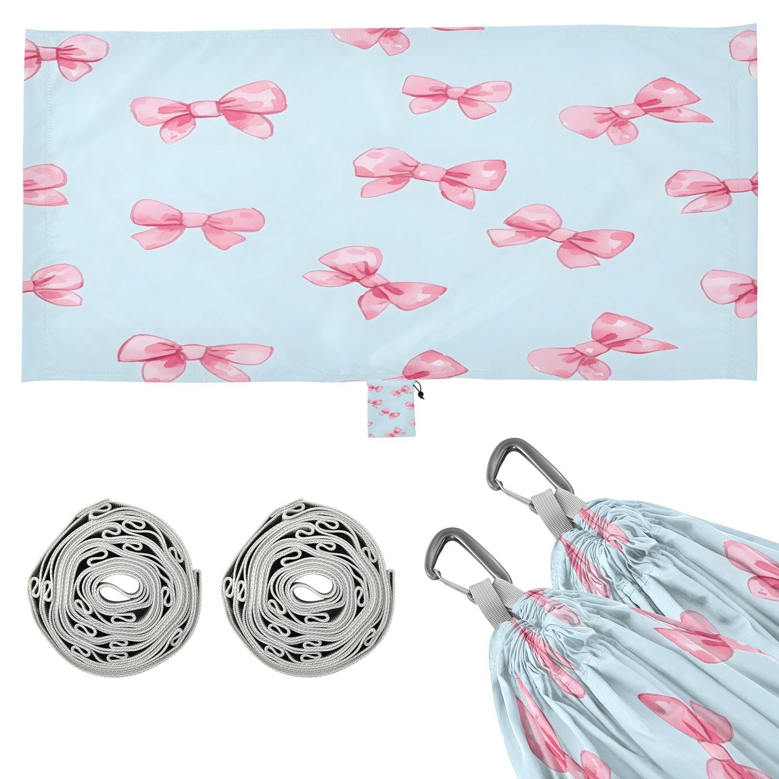 ATTX Small Pink Bows Camping Hammock - Lightweight & Portable Hammocks, Heavy Duty 330lbs Capacity for Indoor, Hiking, Backpacking, Travel, Backyard, Beach#595