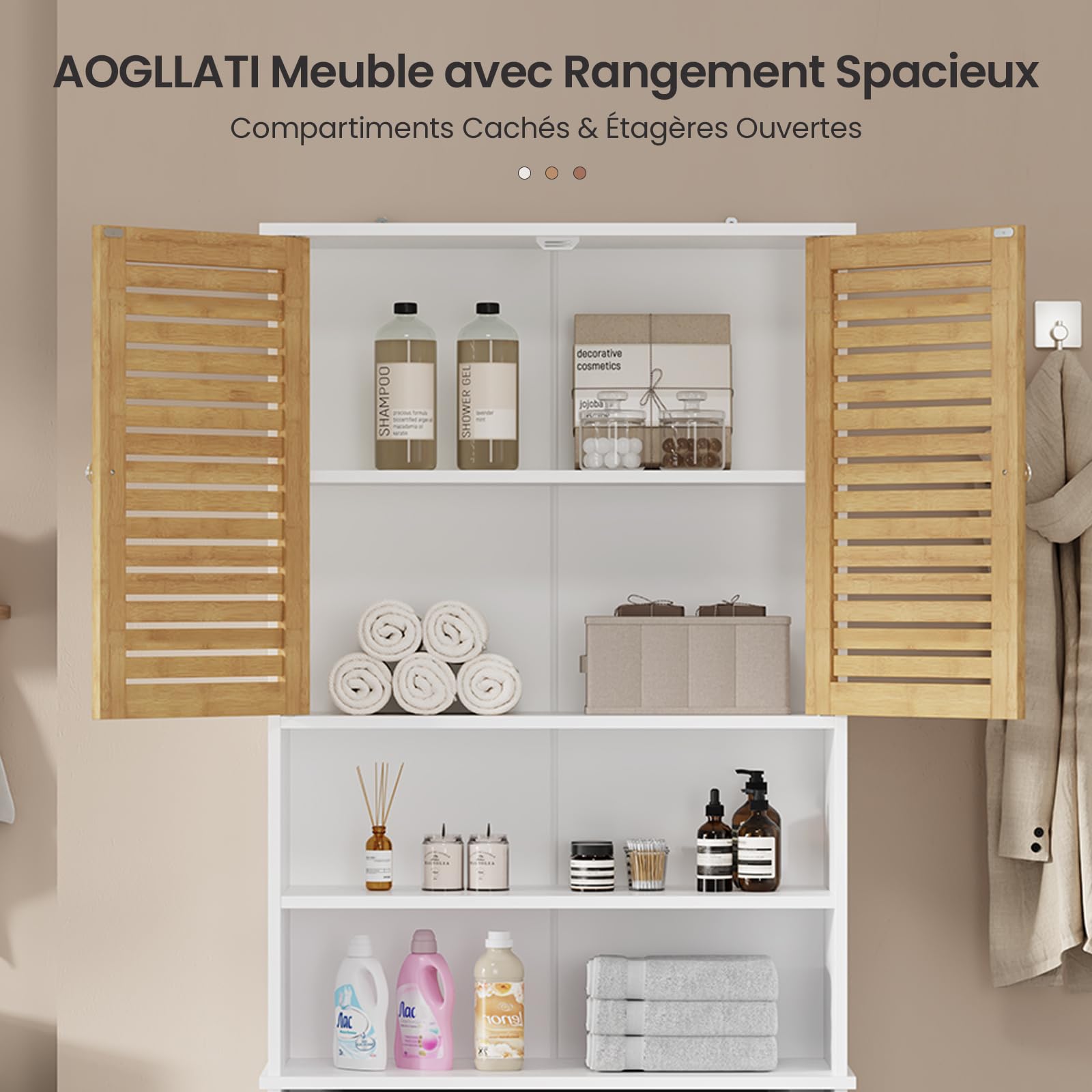 Meuble Machine à Laver, Armoire Dessus Toilette avec 2 Compartiments Ouverts, Espace Derrière 2 Portes en Bambou, Meuble WC Rangement avec Étagère Réglables, 185,5 x 65 x 24 cm