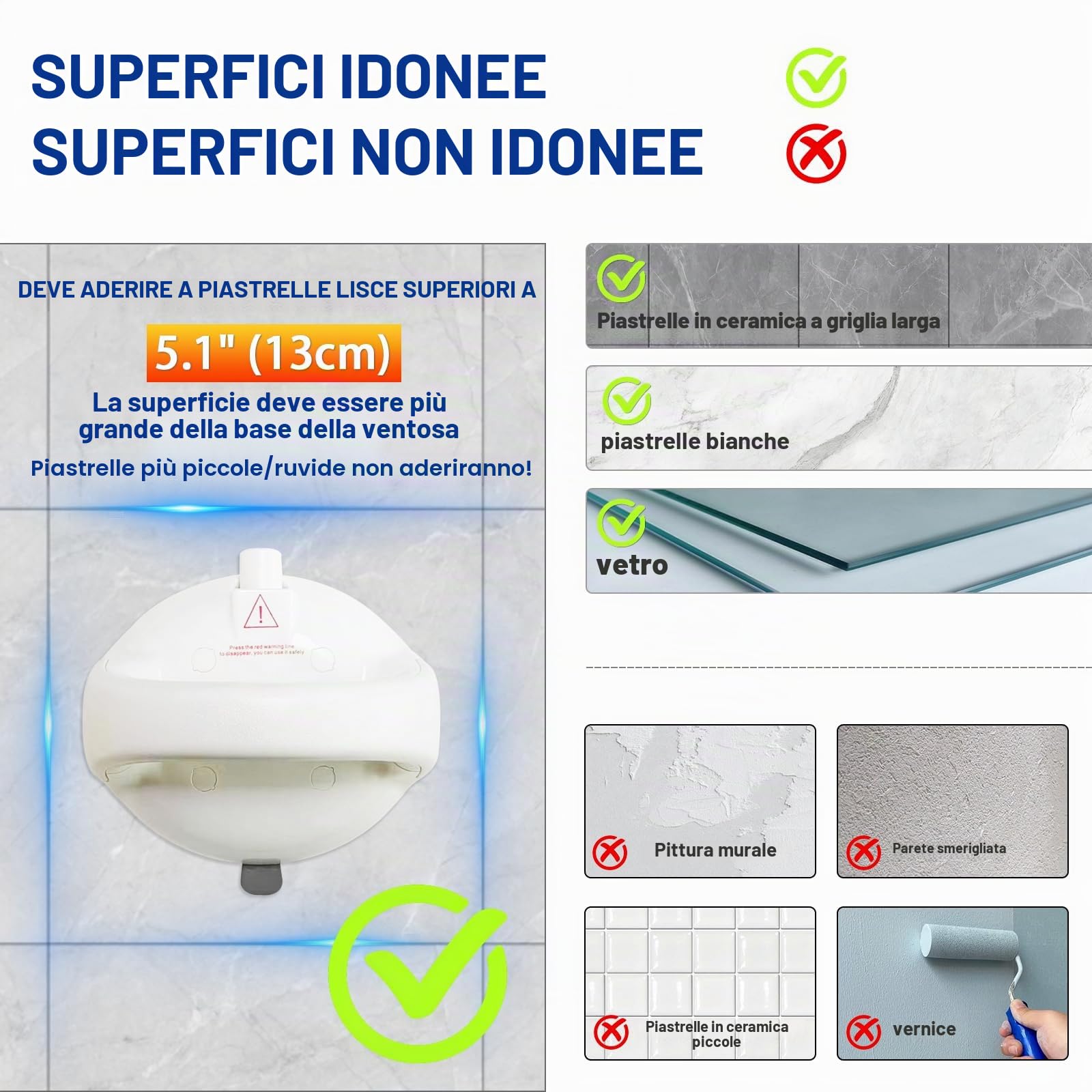 Maniglioni per doccia senza foratura - Set da 2 - Ventosa extra forte 190 kg - Linea di sicurezza rossa - Per anziani e disabili - Solo superficie liscia