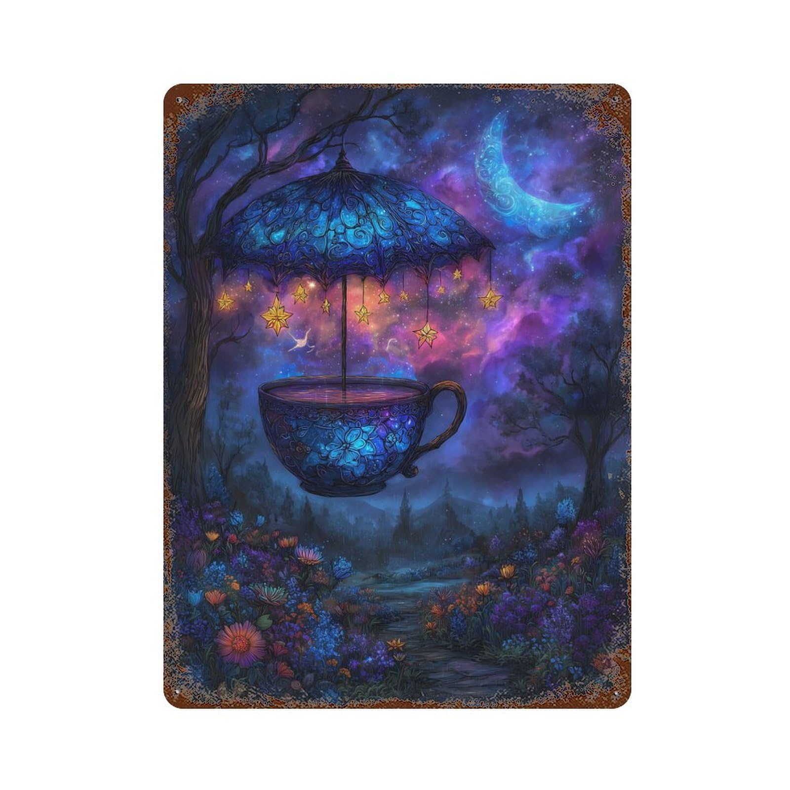 Magical Teacup Under Starry Umbrella Rustic Tin Plaque 15.7"x11.8", Ideal for Shed, Workshop And Garage Wall Decor