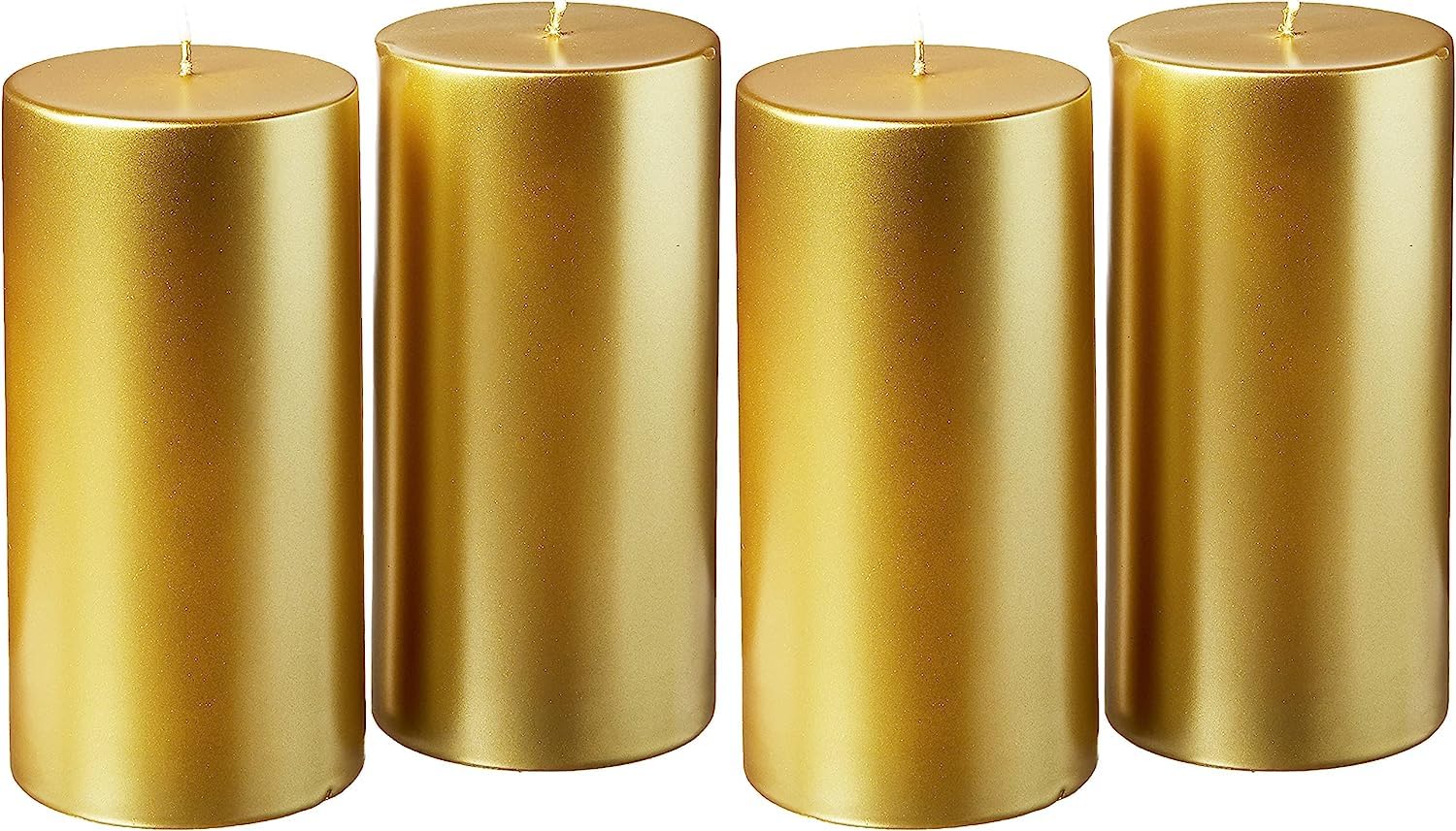 Regal Opalescence Unleashed: Opulent Pack of 4 Glimmering Gold-Dipped Pillar Candles, Imbued with The Essence of Extravagance and Creating a Breathtaking Atmosphere of Opulence and Splendor