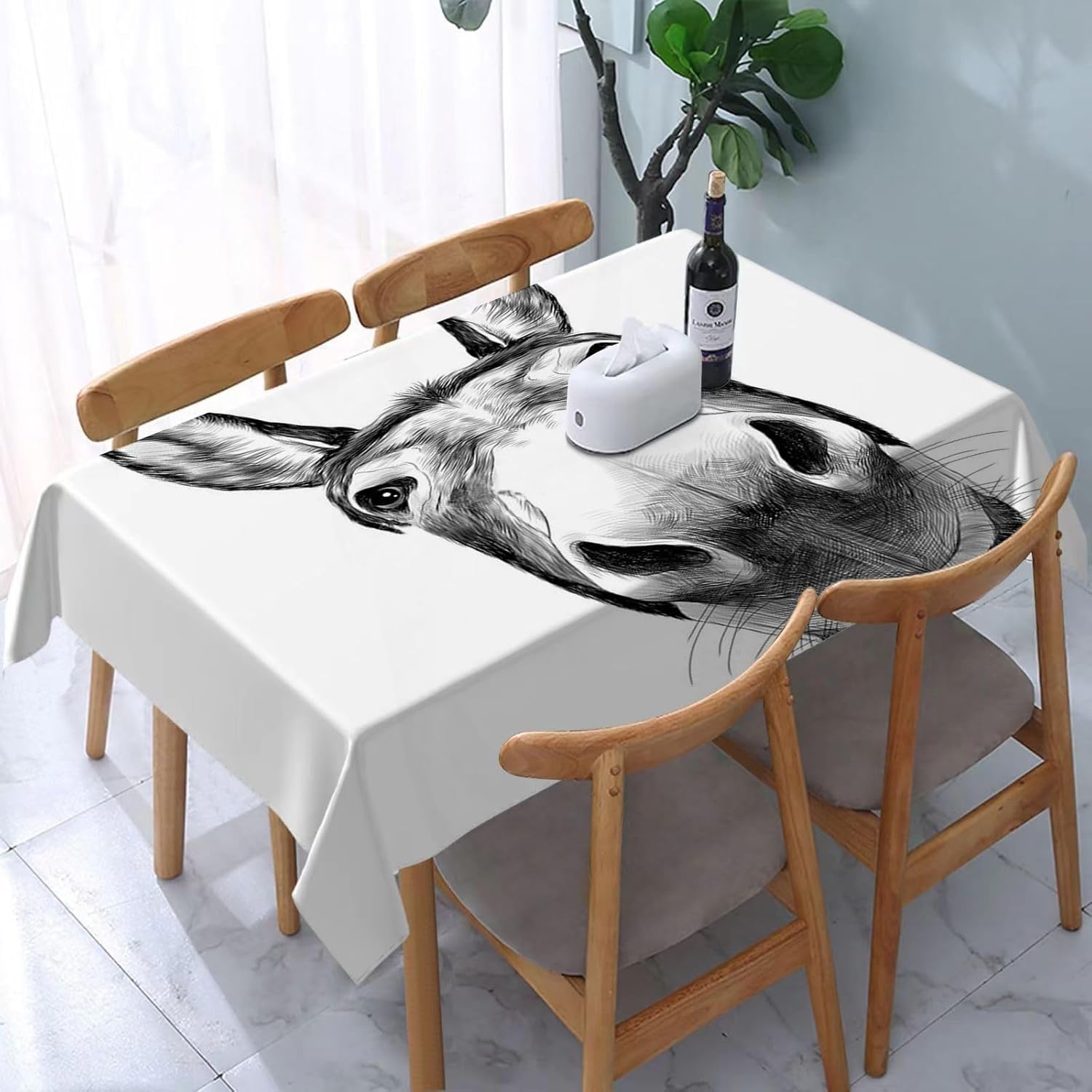 Tischdecke Outdoor Esel Tischdecken Abwaschbar 3D Weiß Tischtuch Wasserdicht Wetterfest für Party Biertisch, 140x300 cm Q.P470