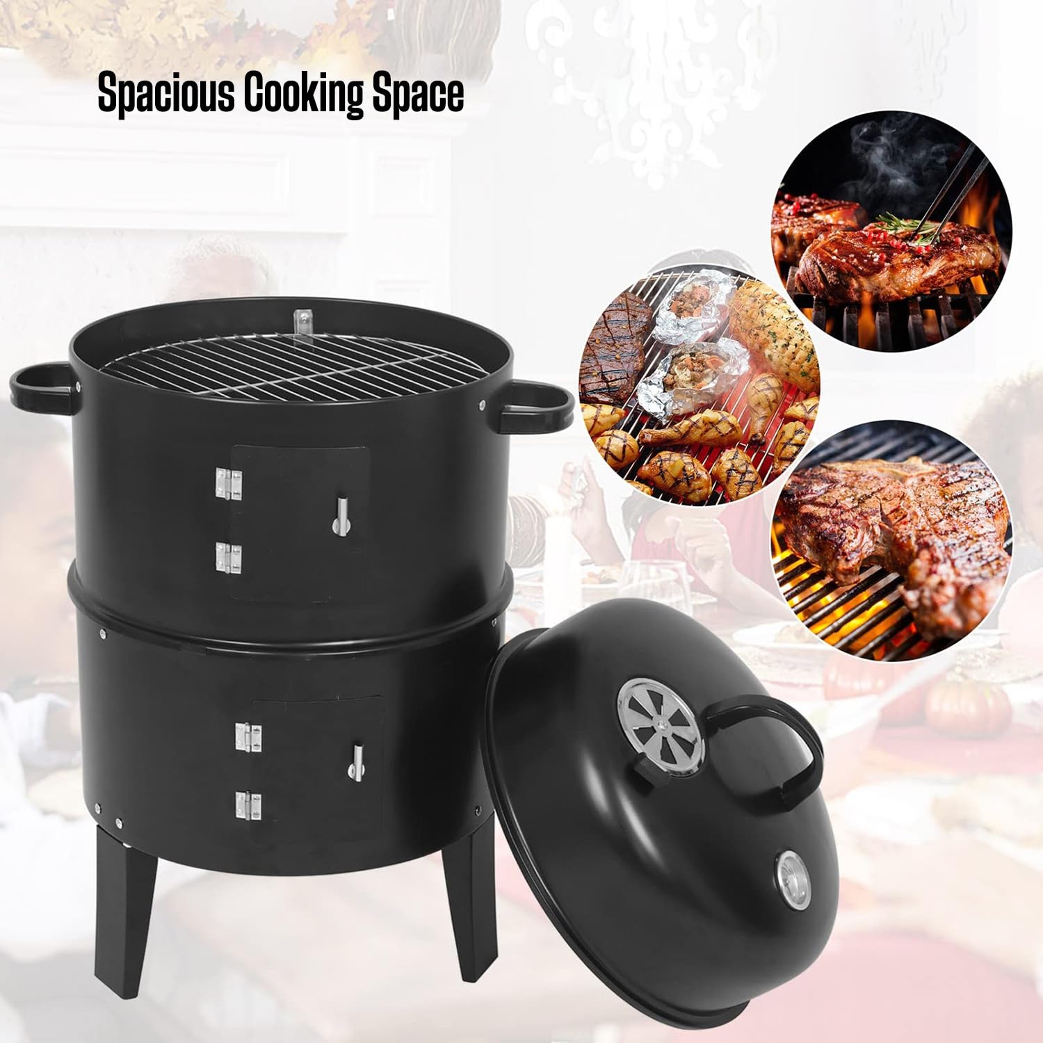 Ahumador Vertical De Carbón, Barbacoa De Carbón Redonda 3 En 1, Parrilla De Carbón Portátil De Acero con Dos Zonas De Cocción Y Termómetro para Camping Y Picnic