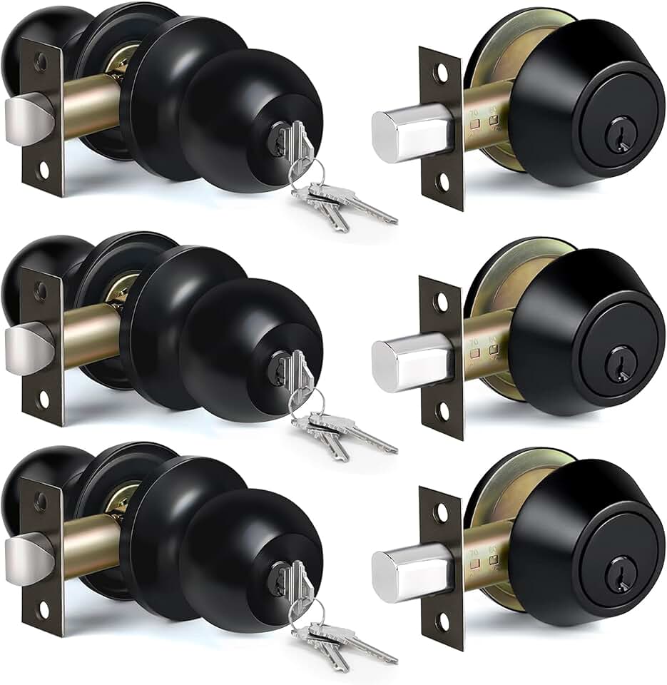 BESTTEN 3 Pack Keyed Alike Exterior Door Knobs and Single Cylinder Deadbolts Combo Set, Matte Black Exterior Door Lock Set for Entrance and Front Door