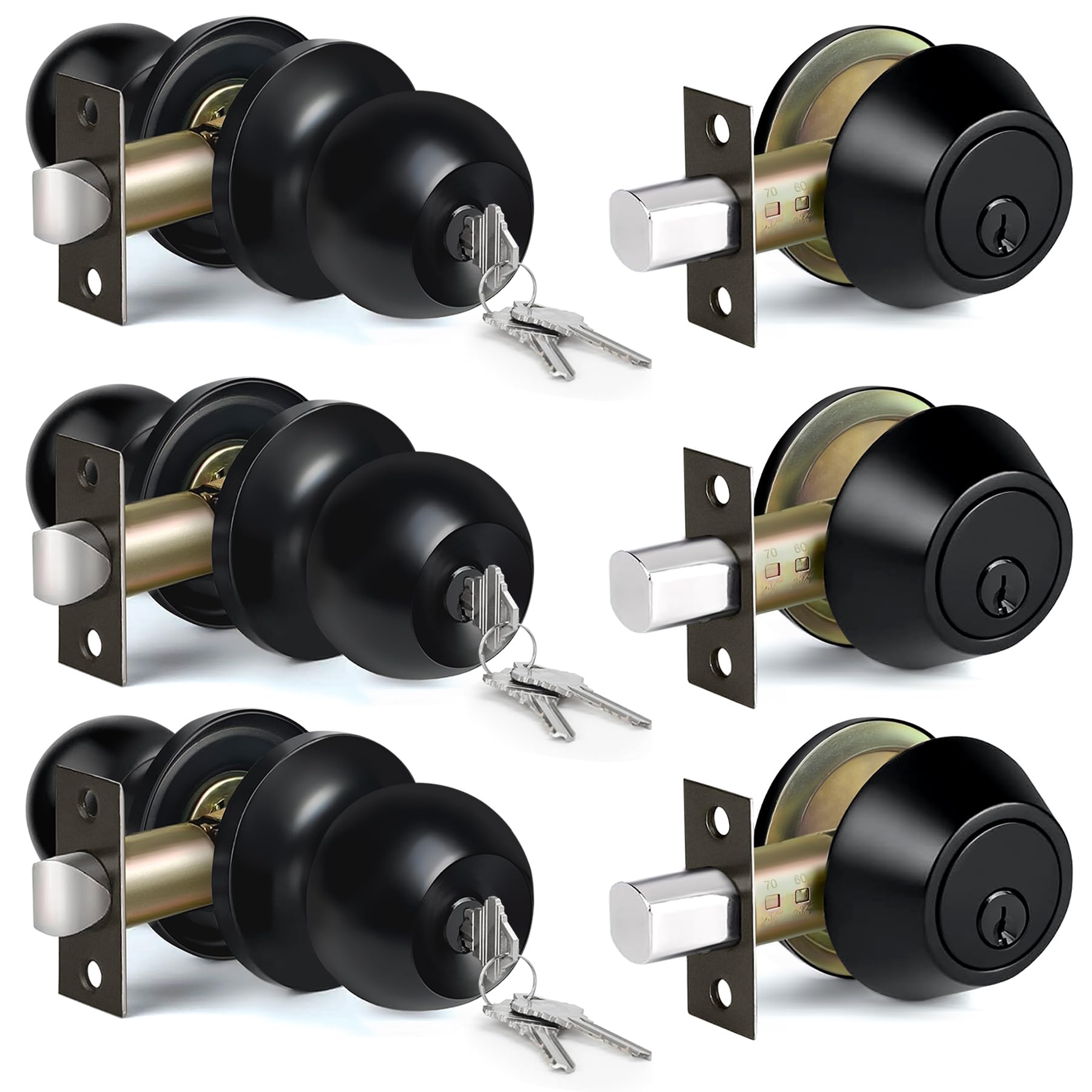 Satin Nickel Door Knobs - 2 Pack Keyed Locks & Deadbolts -12