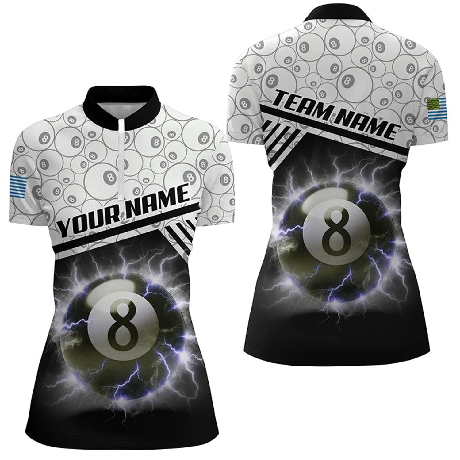 Personalized Thunder Lighting 8 Ball Billiard 3D Quarter Zip Shirts for Women 8 Ball Pool Jerseys V1011 Black, Purple