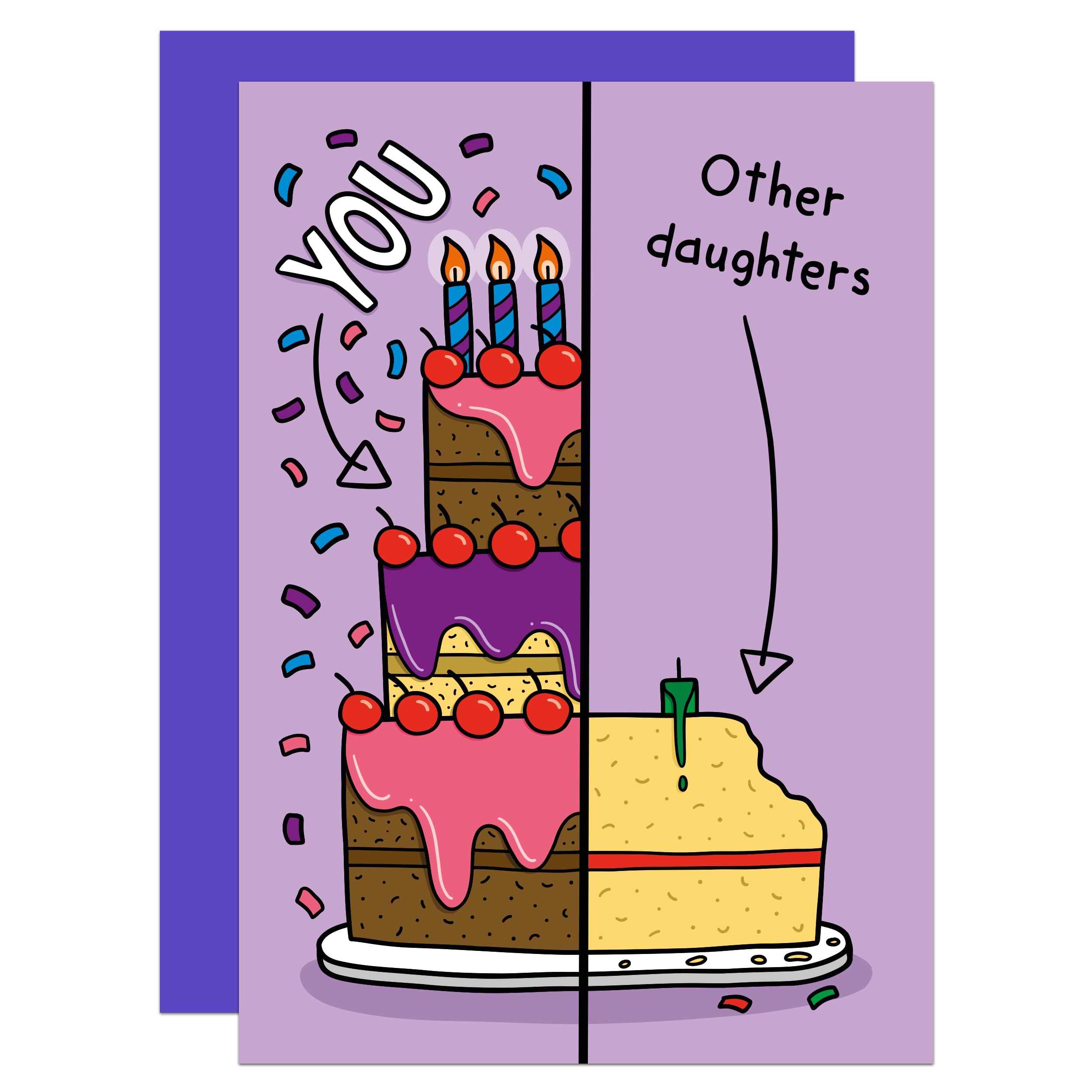 Split Cake Birthday A6 Card, Cute, Funny, For Daughter, Birthday Cake, From Mum, From Dad, The Best, Adult (Daughter)