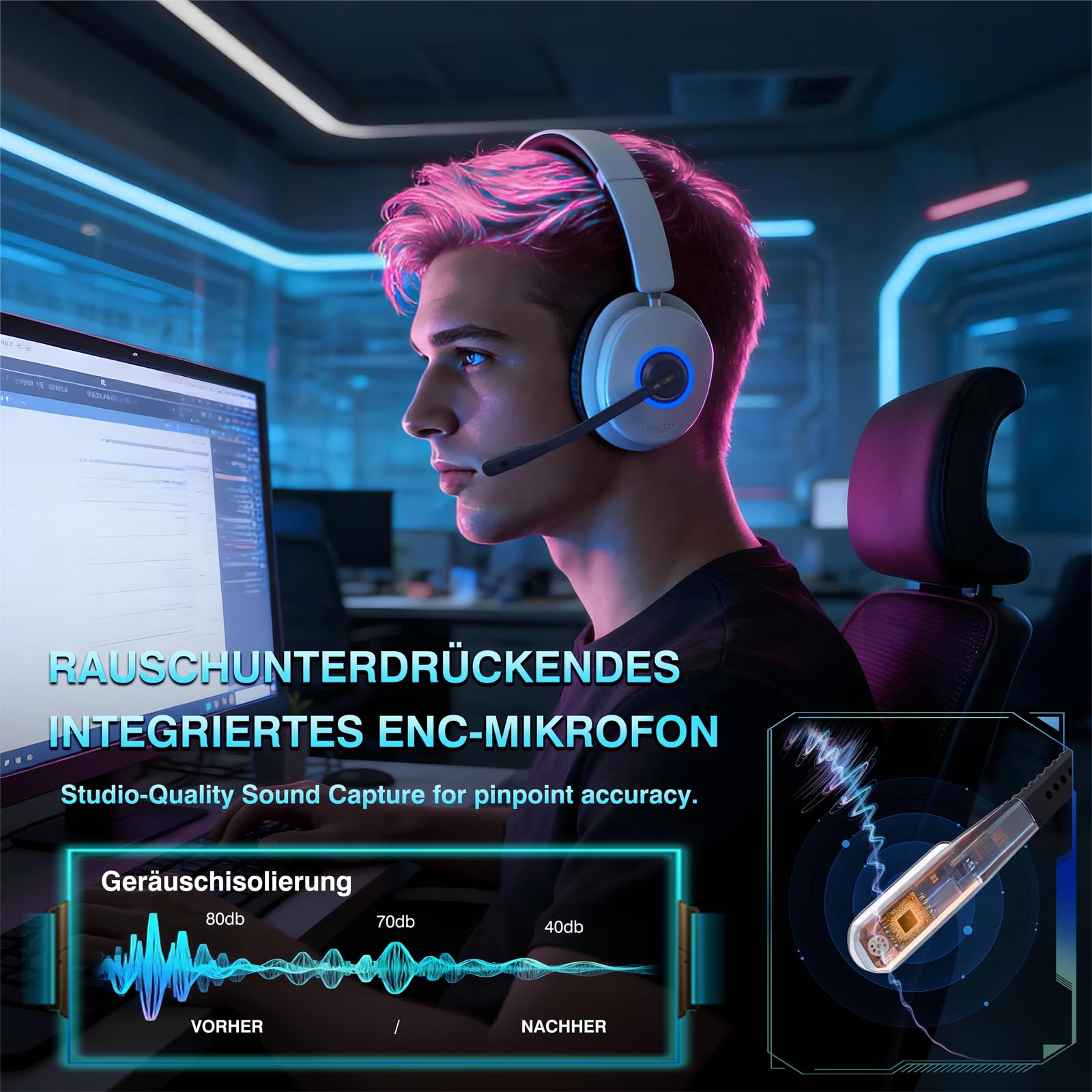 Earbay Cuffie da gioco senza fili con microfono per PS5/PS4/PC/Switch/Mac, 2,4 GHz & BT 6.0 wireless (≤ 20 ms) e cuffie con cavo da 3,5 mm, microfono con cancellazione del rumore, 7.1 Surround, luce