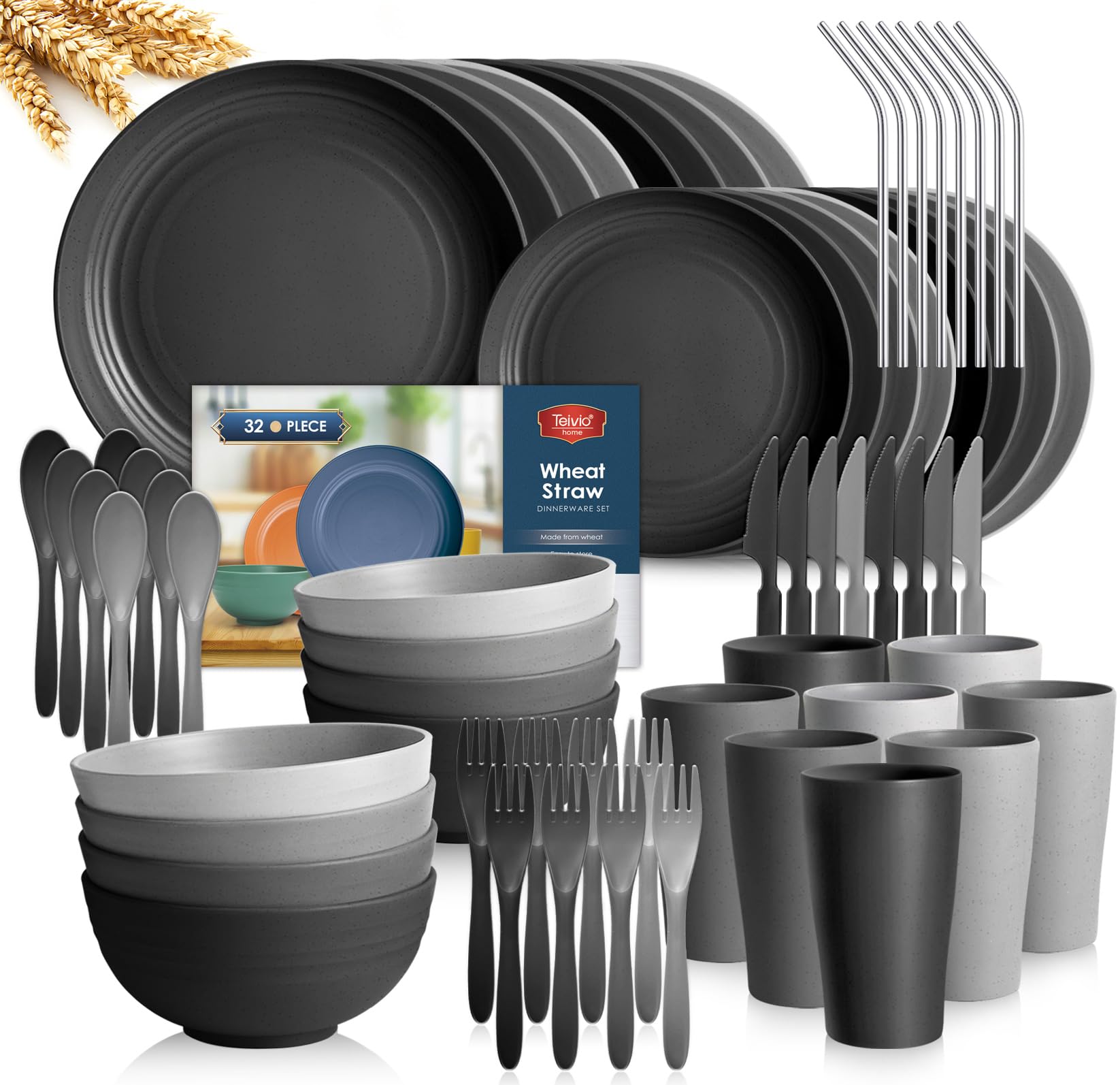 Teivio 32-Piece With Flatware Kitchen Plastic Wheat Straw Dinnerware Set, Service for 8