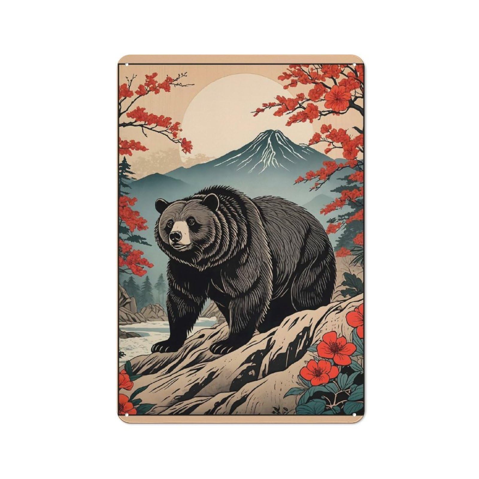 Junmoney Japanese Bear Mountain Metal Plaque 30X20cm With For Garage Wall, Retro Decor, Housewarming Present For People Styling Garage