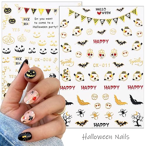 Miniatura 2 de Calcomanías de arte de uñas de Halloween 3D, calcomanías de uñas de Halloween, sombrero de bruja láser dorado, fantasma, autoadhesivas, diseños de