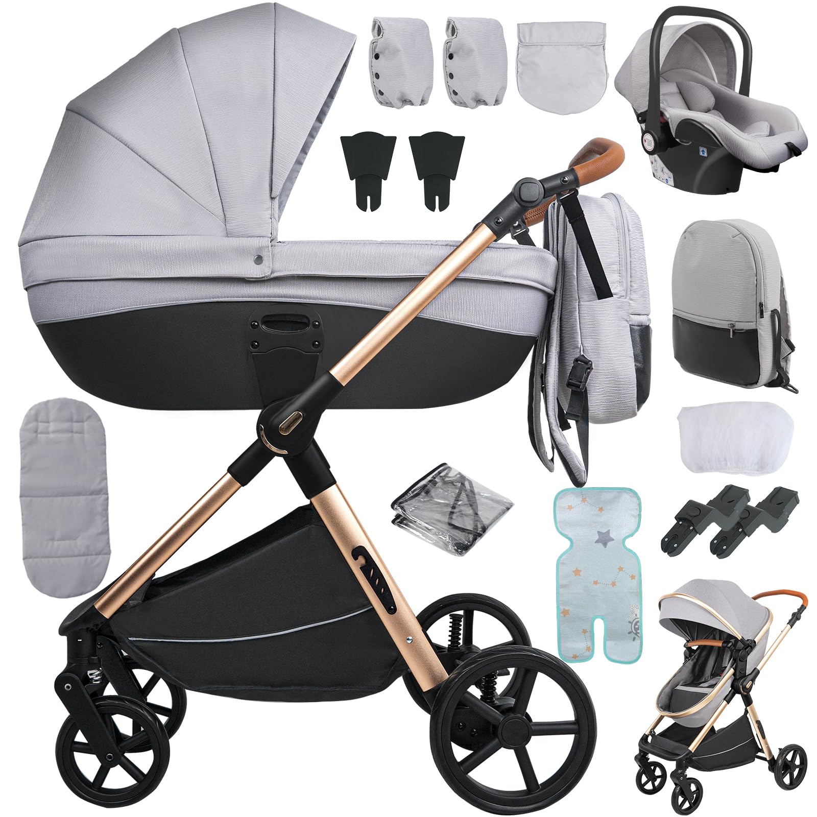 Sianldcone Kinderwagen 4 in 1, Hochwertige Stoffe Kinderwagen Set, Zwei-Wege-Schiebefunktion Reisesysteme, Offene Sicht Kombikinderwagen 3 in 1 Komplettset (H2 Light Grey)