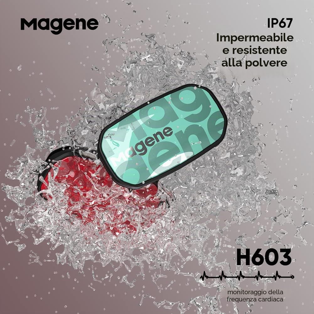 Magene H603 Cardiofrequenzimetro Fascia toracica HRM Fitness Tracker IP67 Supporto impermeabile Bluetooth 4.2 e ANT+, compatibile Wahoo, Zwift, Strava, Elite HRV