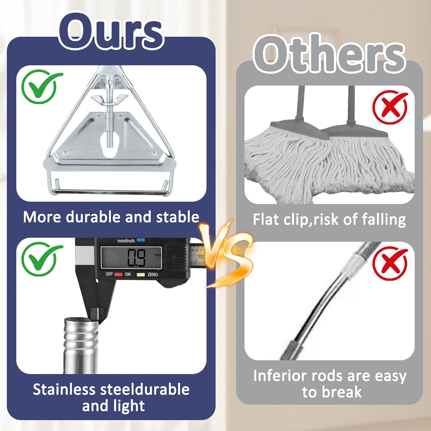 Commercial Mop Handle Heavy Duty, 59" Industrial Mop Stick - Universal Metal Replacement Mop Pole for Home, Garage, Office, Workshop & Warehouse Floor Cleaning