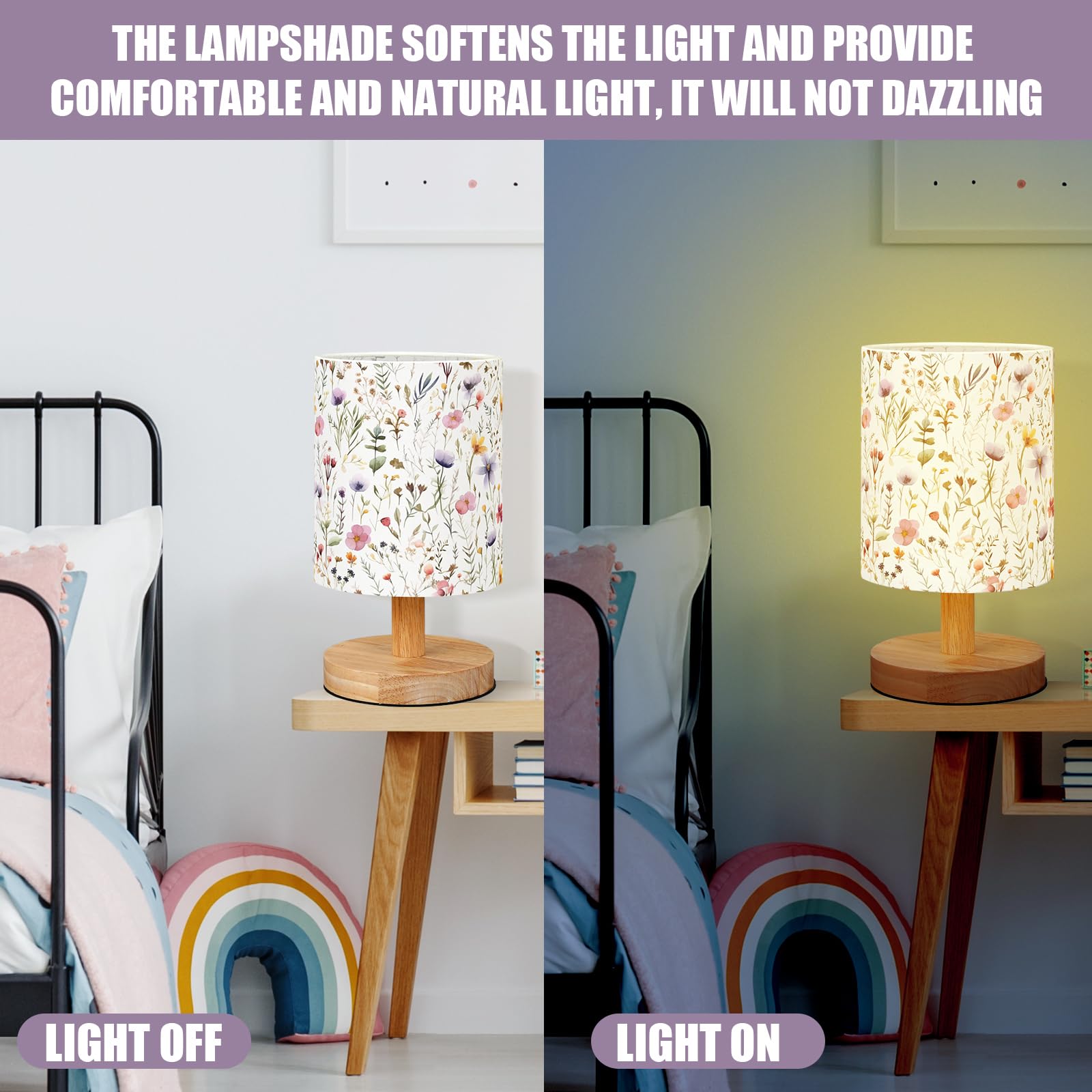 VIHOSE Wildflower dziecięca lampa stołowa do sypialni dzieci lampka nocna z lnianą drewnianą szafką nocną kreskówka przedszkole abażur dla dziewcząt chłopców salon