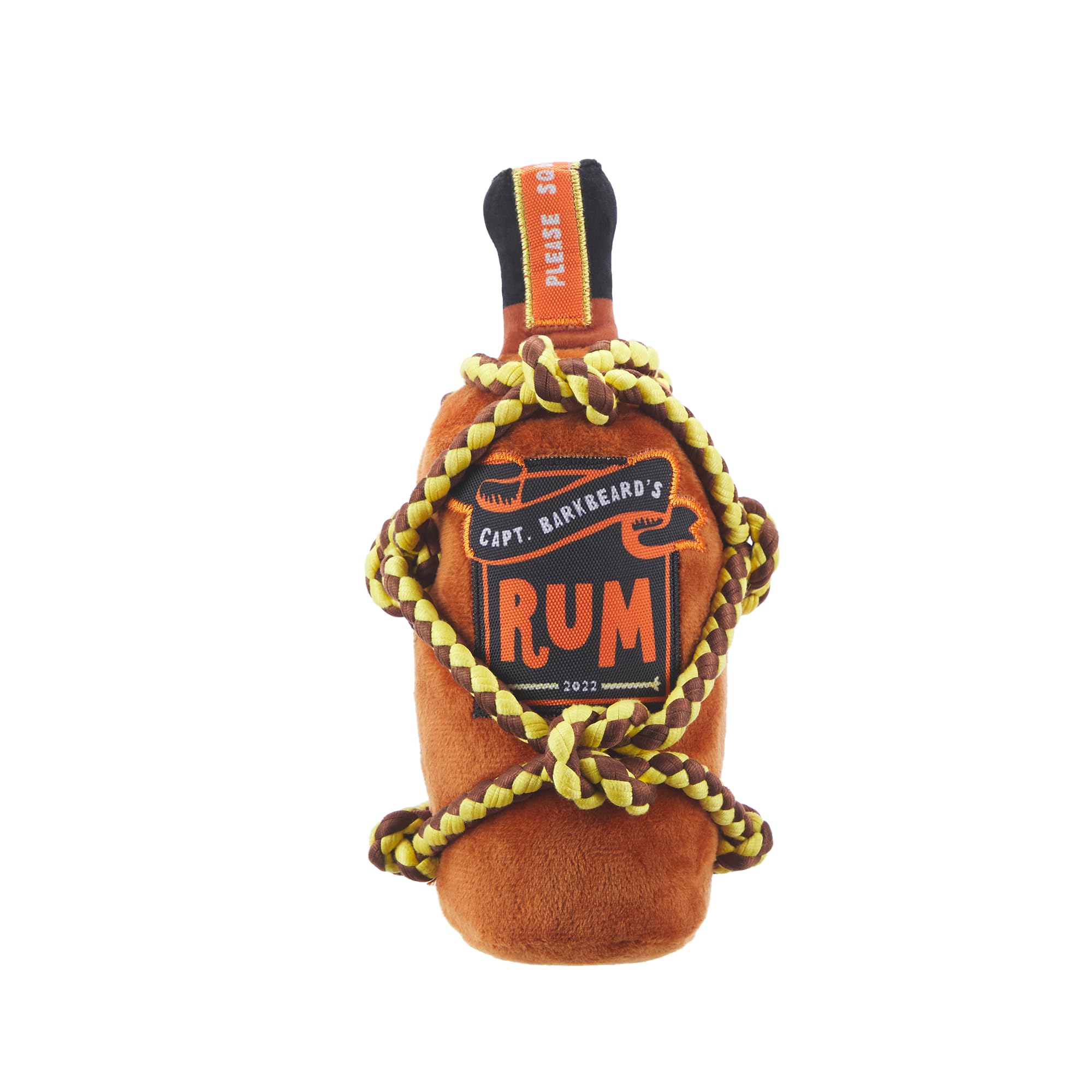 BARK Dog Toy Barkbeard's Rum Squeaky Toy for Dogs Plush Bottle Design With T-Shirt Rope For Tugs of Fun, Brown, All Sizes