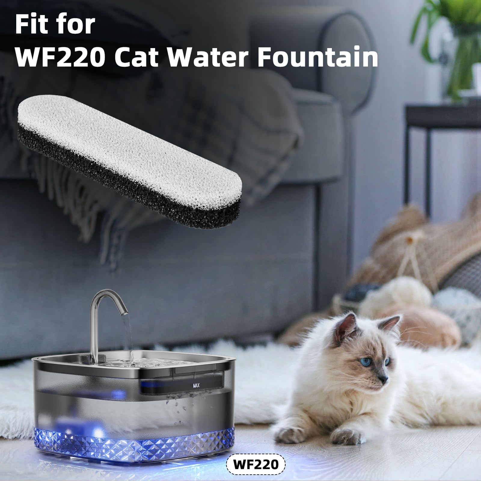 Filtros de fuente de agua para gatos, 6 paquetes/caja de filtros de repuesto para fuente de agua automática MAILOFY WF220 de 75 onzas/2.2 L, filtración de carbón activado de 3 capas para purificar el