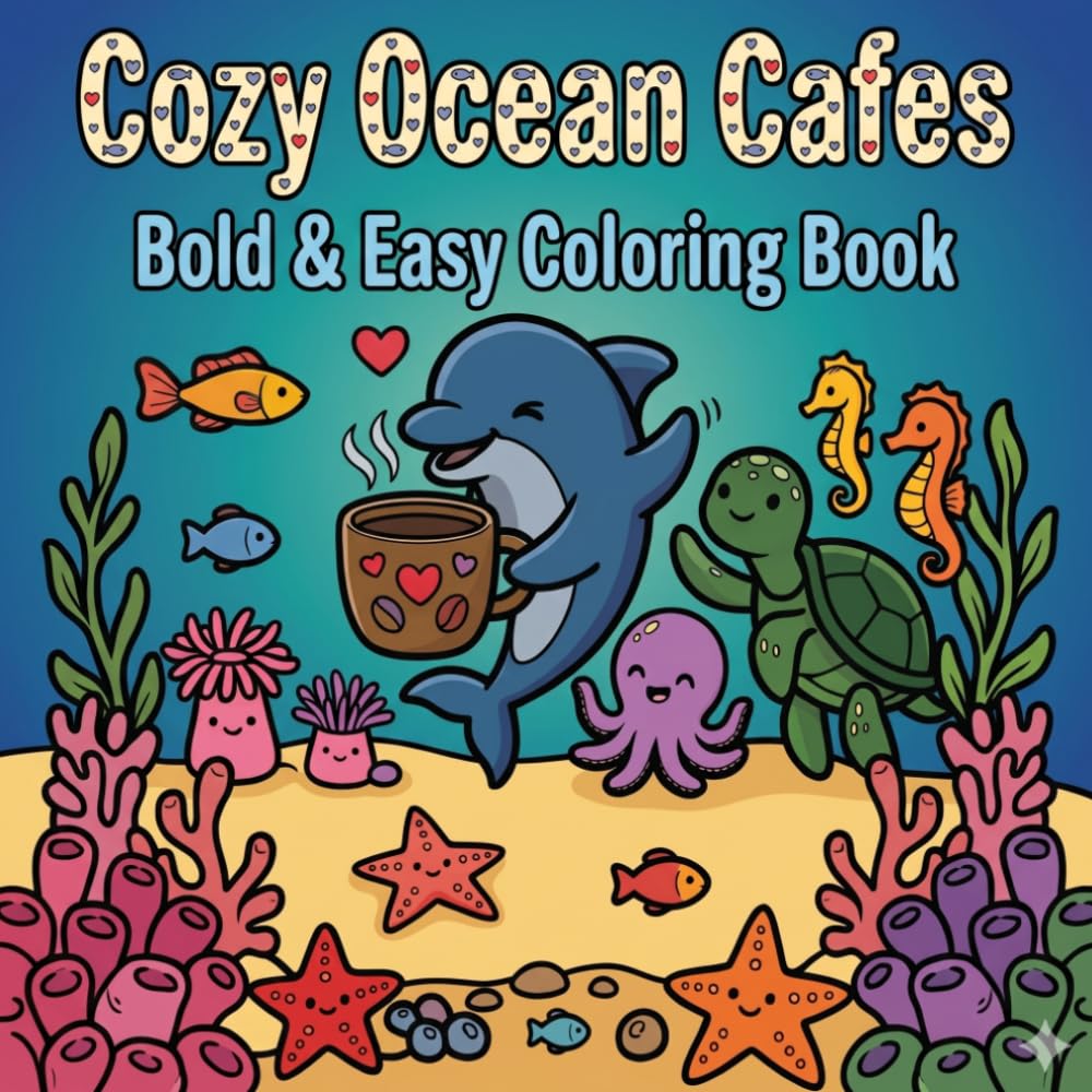 Cozy Ocean Cafes Coloring Book: Bold & Easy Coloring Book, Food & Animals, Cozy Kawaii Coloring Book