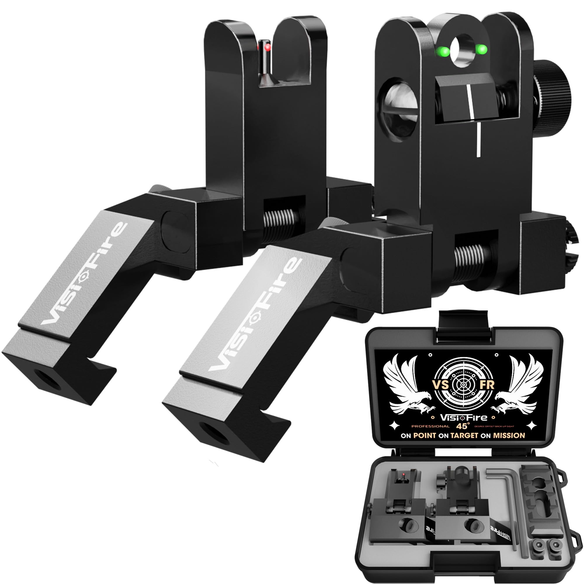 Classic 45 Degree Offset Iron Sights| Flip Up Fiber Optic Sights with Red Green Dots| Tool-Free Adjustable Back Up Canted Iron Sights Rapid Transition