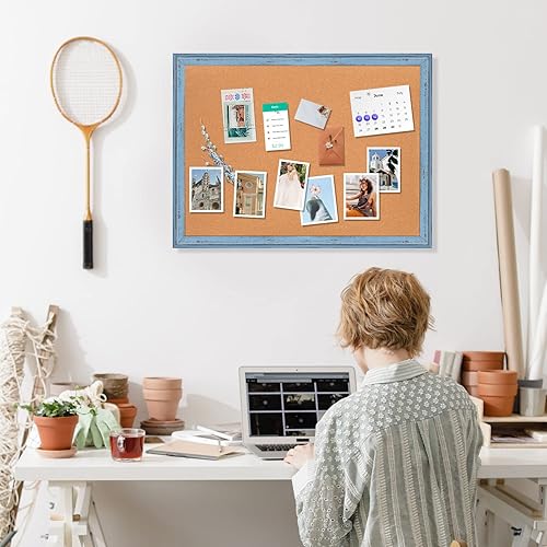 Miniatura 6 de AMUSIGHT Tablero de corcho resistente para pared, 24 x 18 pulgadas, marco rústico azul, tablero de anuncios, tablero de corcho para el hogar,