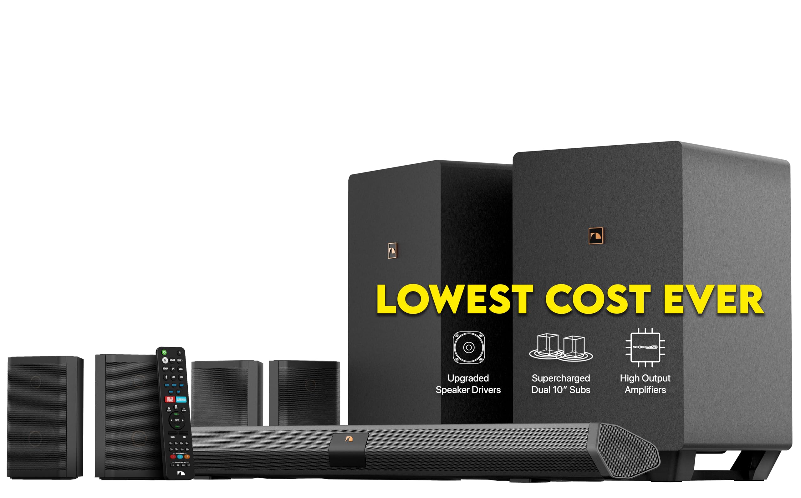 NakamichiShockwafe Ultra 9.2.4 Channel Dolby Atmos/DTS:X Soundbar with Dual 10" Subwoofers (Wireless), 4 Rear Surround Effects Speakers, eARC and SSE Max Technology (2022)